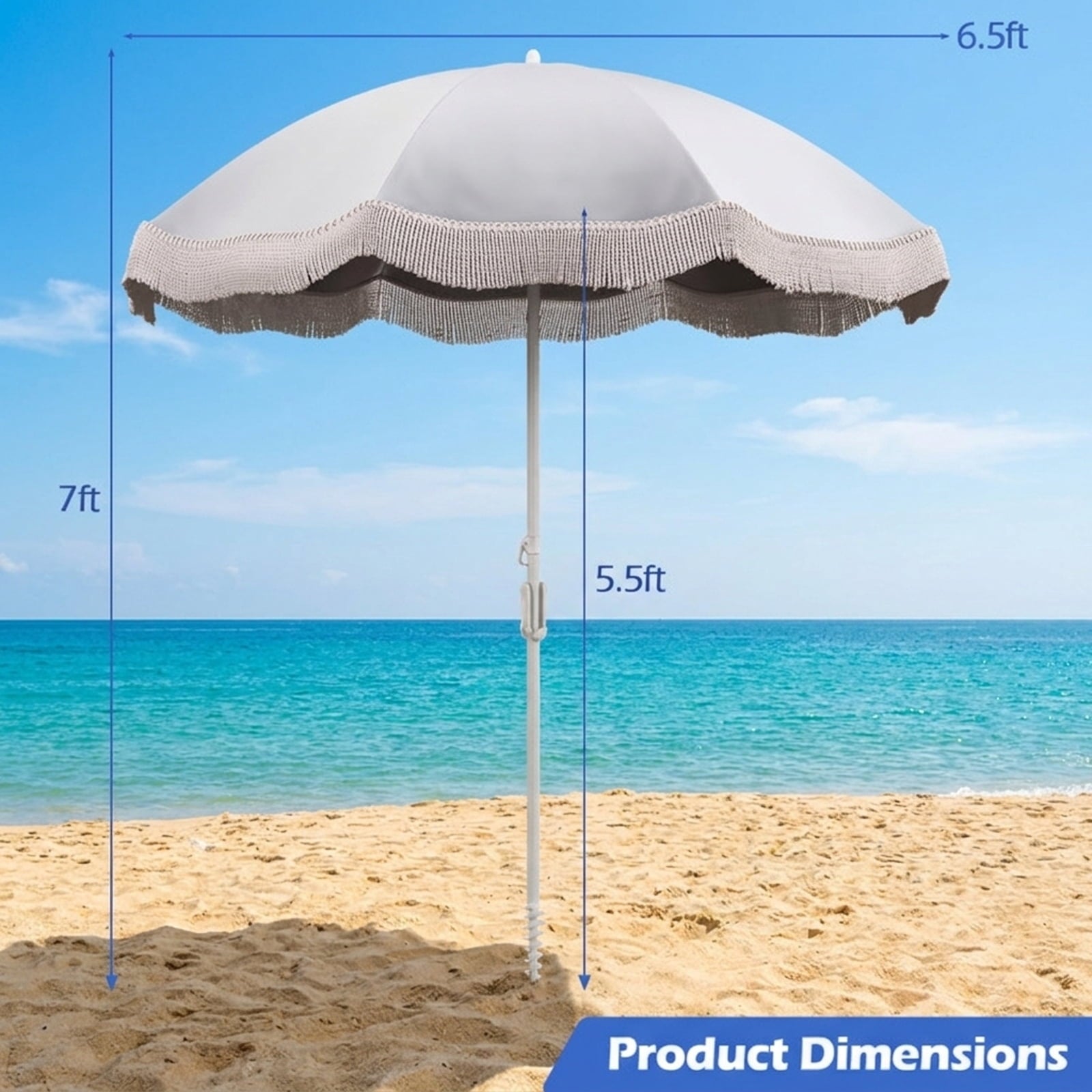Biotree 6 ft Beach Tassel Fringe Patio Umbrella Crank Tilt Outdoor Shade - White - UV Protection with Cross Base