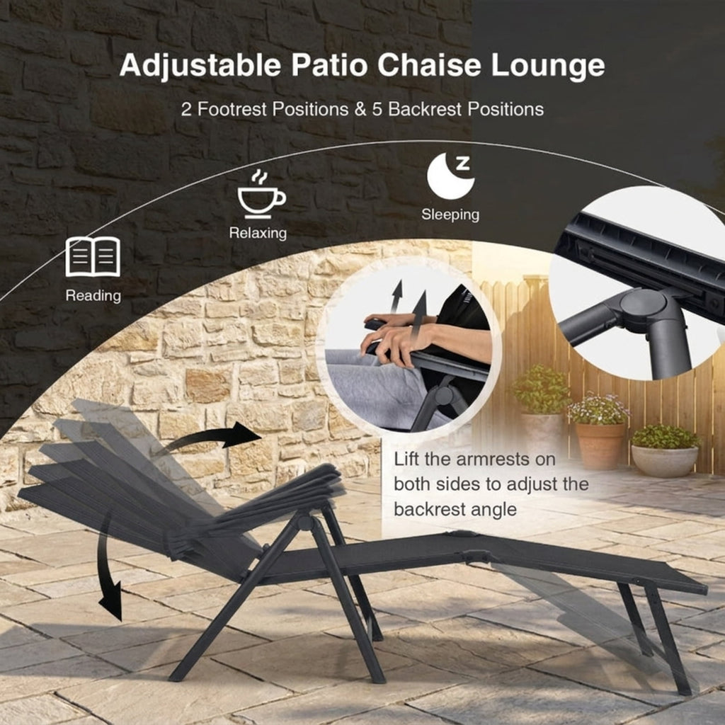 Biotree 2 Pieces Foldable Chaise Lounge Chair with 2-Position Footrest Stackable Patio Chair for Garden BackyardBlack