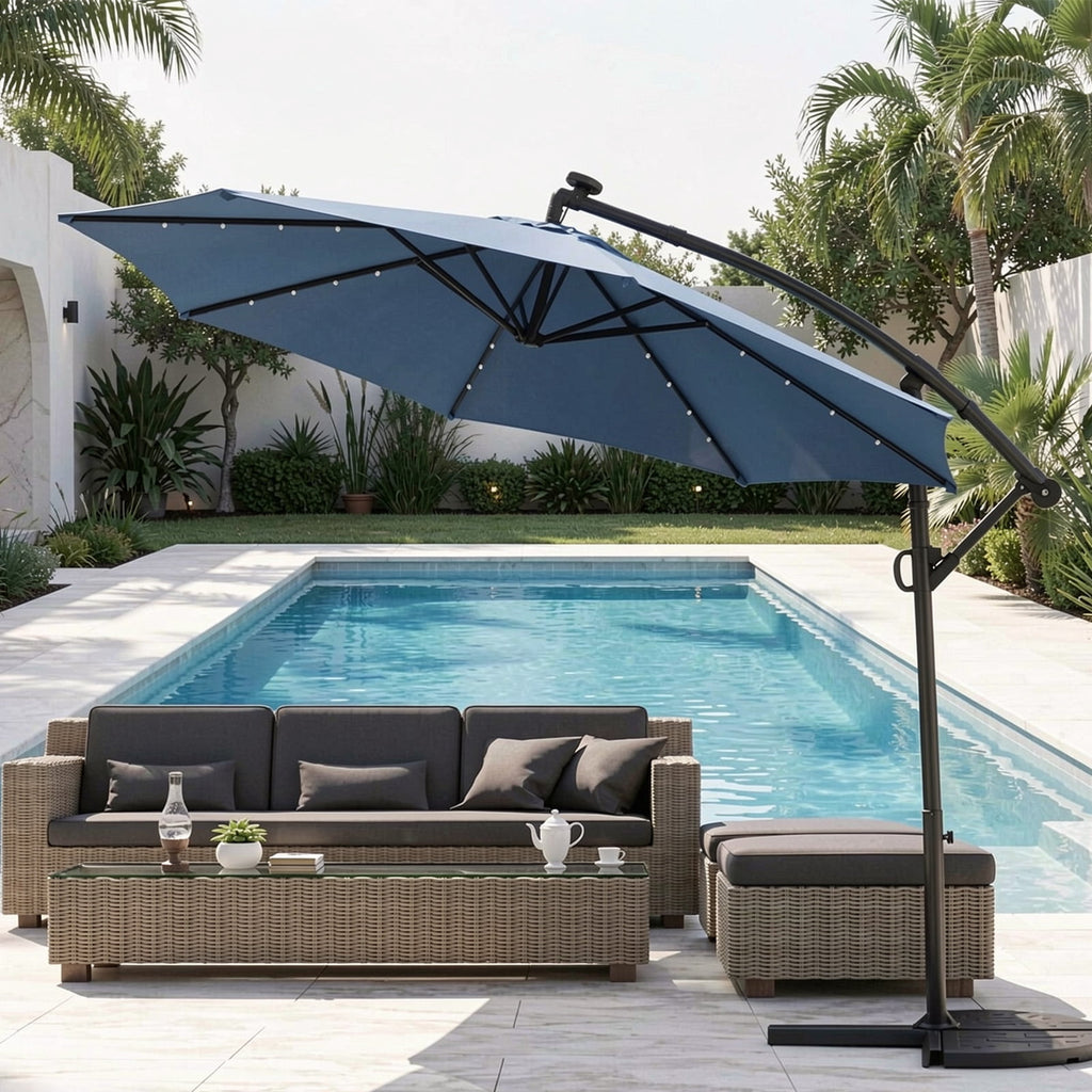 Biotree 10 ft 360¡ã Rotation Solar Powered LED Patio Offset Umbrella-Blue Outdoor Backyard Hanging Deck
