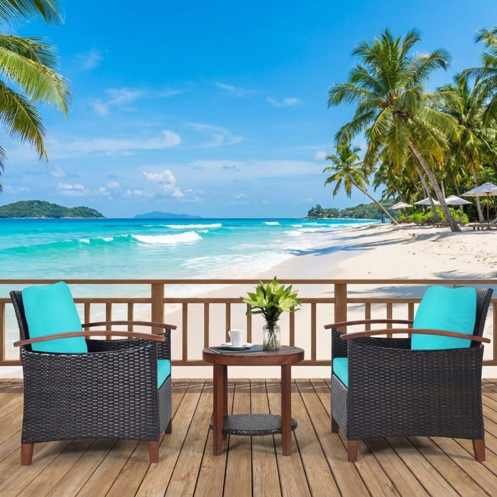 Biotree 3 Pieces Patio Rattan Furniture Set with Washable Cushion and Acacia Wood TabletopTurquoise