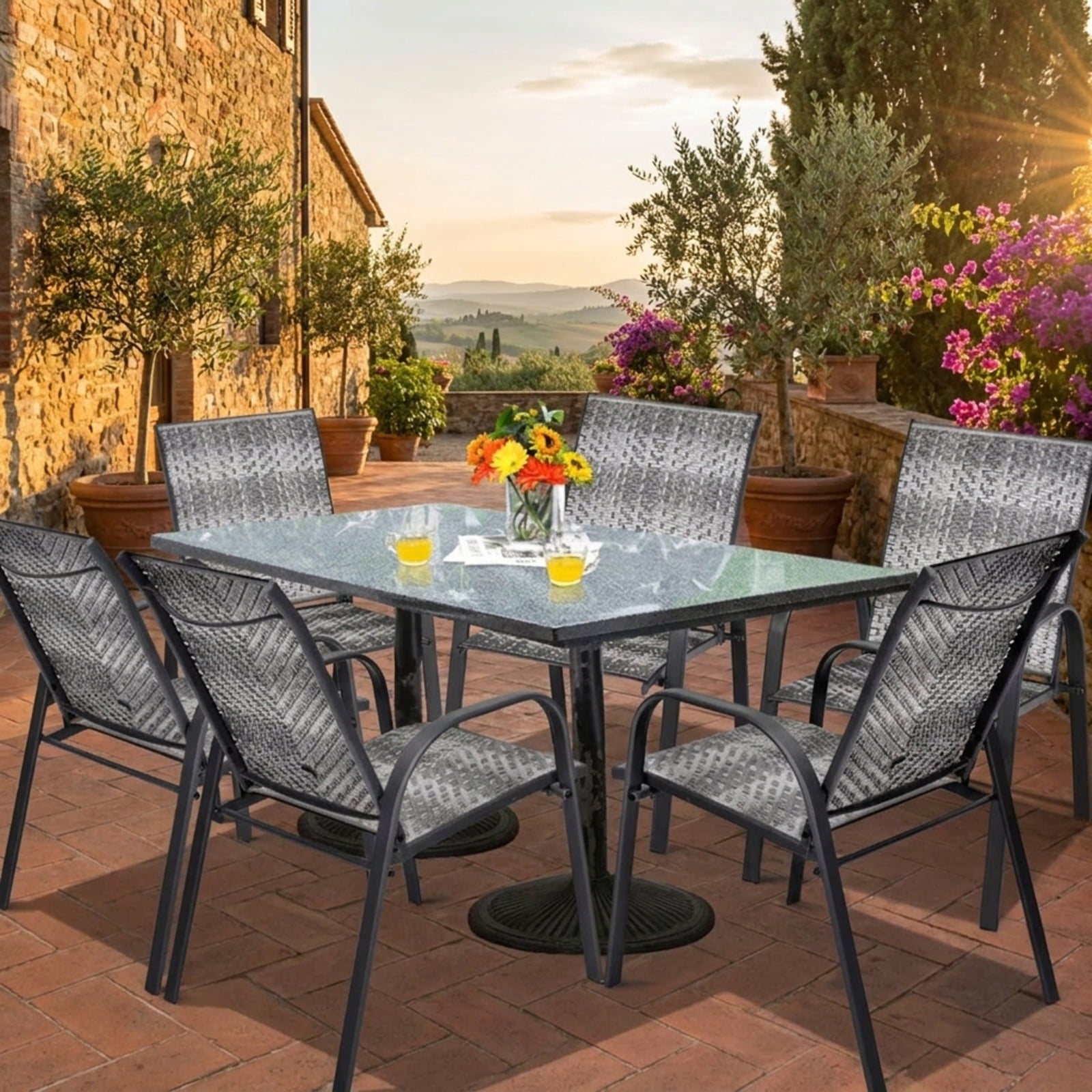 Biotree Set of 6 Outdoor PE Wicker Stackable Chairs with Sturdy Steel Frame Stackable Patio Chair for Garden BackyardGray