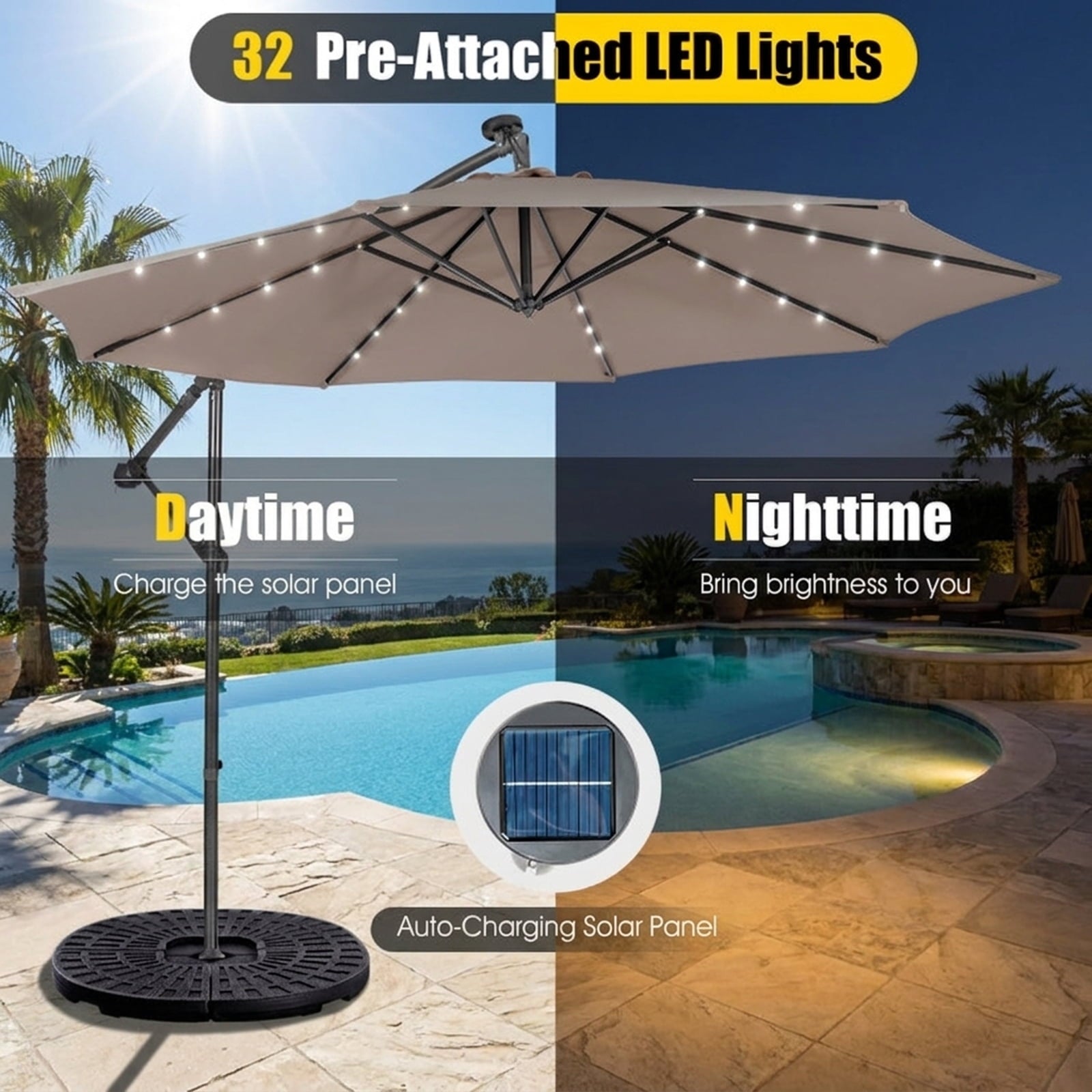 Biotree 10 ft Cantilever Offset Patio Umbrella Solar Powered Outdoor Shade - Brown - UV Protection with Cross Base