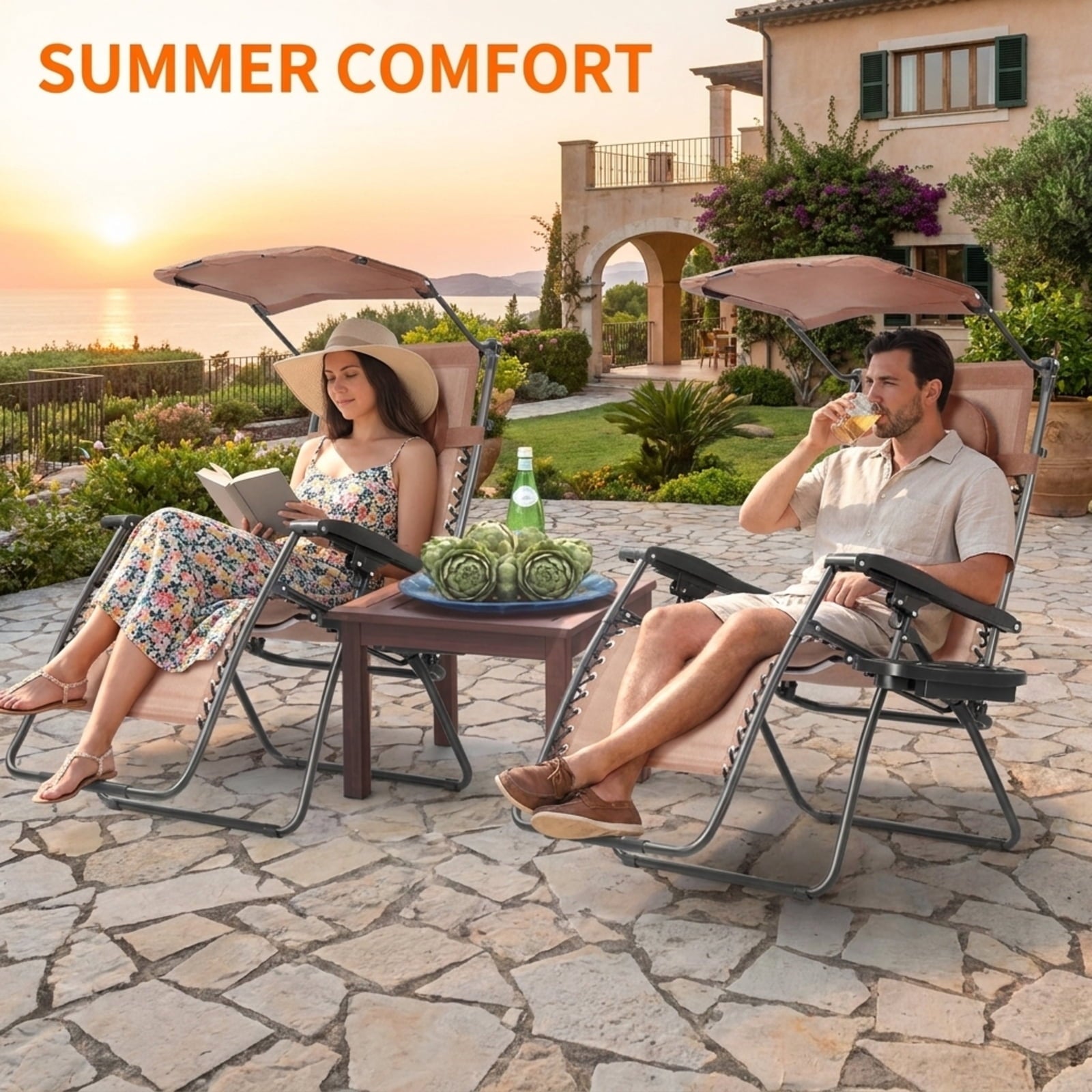 Biotree Folding Recliner Lounge Chair with Shade Canopy Cup Holder Stackable Patio Chair for Garden BackyardBrown
