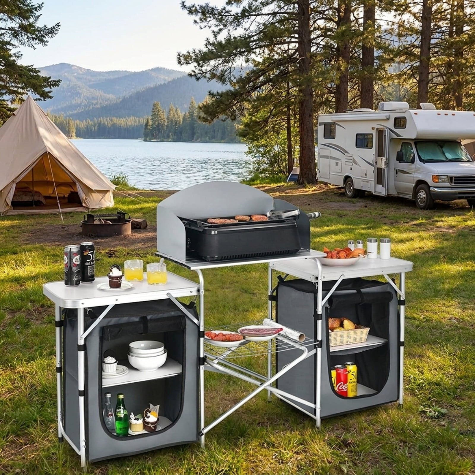 Biotree Folding Camping Table with Storage Organizer, Gray