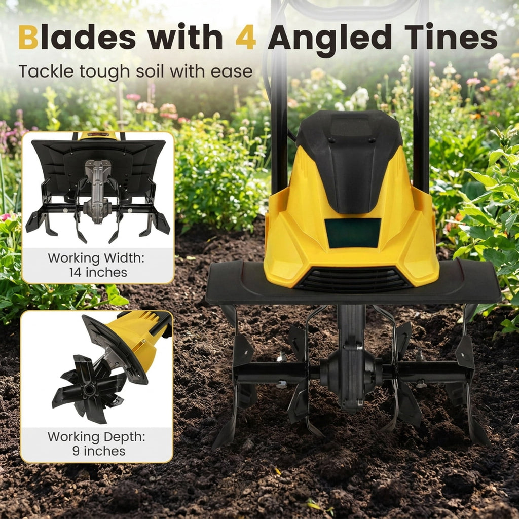 Biotree 10 Amp Powerful Corded Electric Tiller Cultivator with Safety Lock for Lawn Garden Yard Soil Care, Yellow