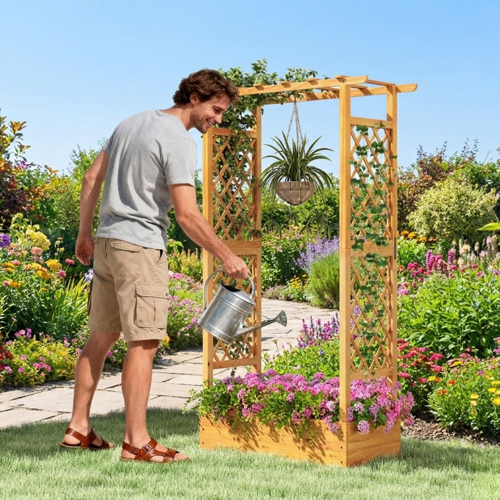 Biotree 70 Inch Wooden Raised Garden Bed with Lattice Trellis for Climbing Plants, 43x16.5x70 Inch Pine Wood Tall Outdoor Planter Box for Patio Yard, Orange Finish