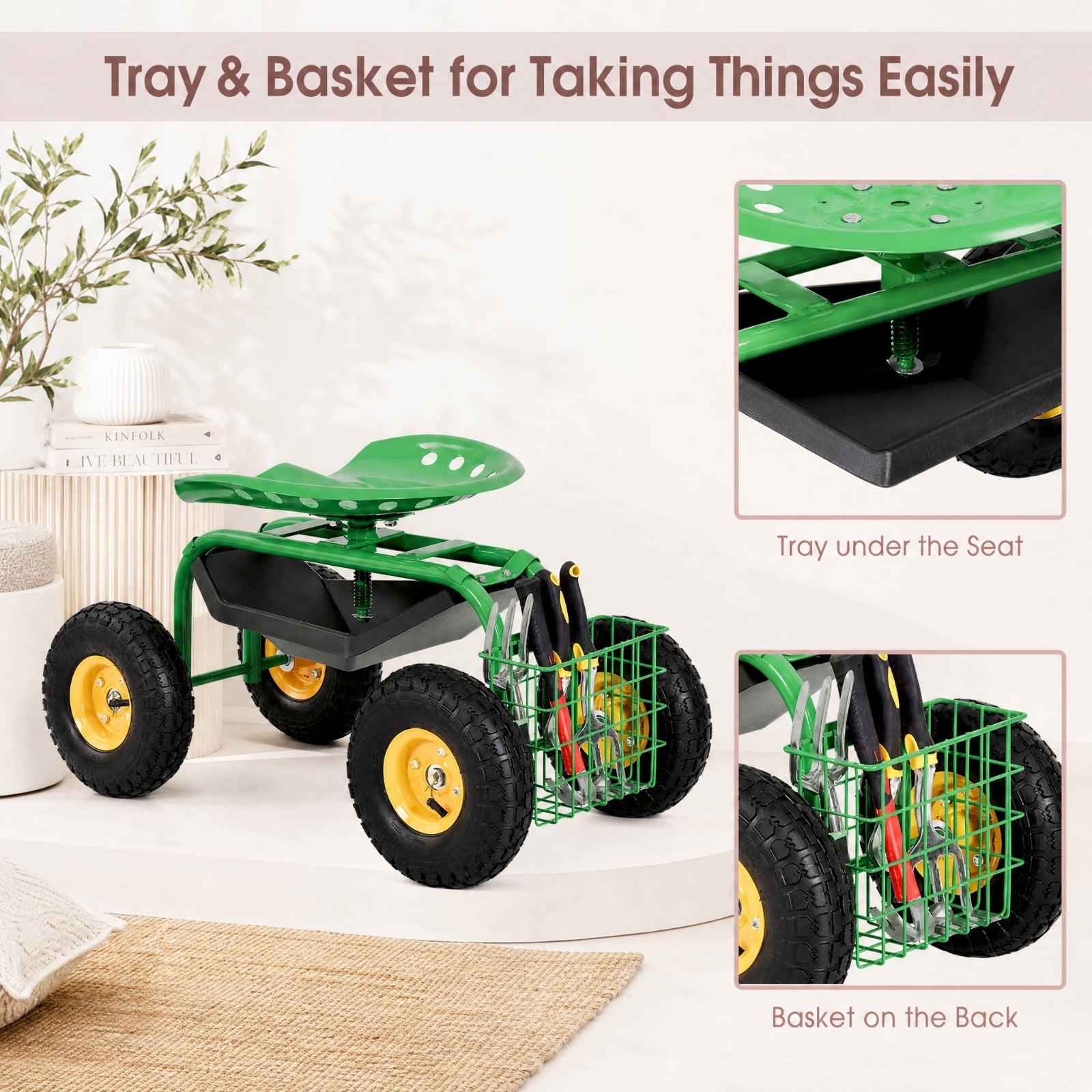 Biotree Rolling Garden Cart with Seat, 360¡ãSwivel Seat Adjustable Height ,330lbs Load Capacity, Wagon Scooter with Storage Bracket and Tool Tray, Suitable for Patio Yard, Green