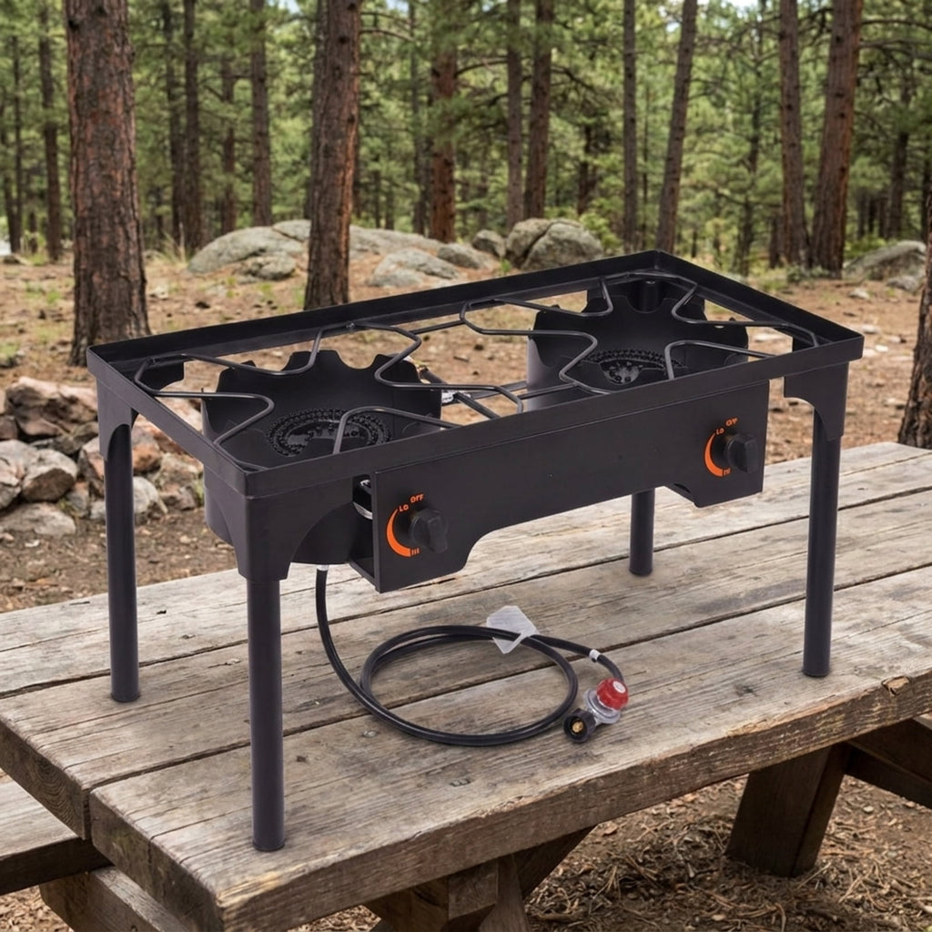 Biotree 150000 BTU Double Burner Outdoor Stove BBQ Grill for Outdoor Camping Backyard Patio Cooking, Black
