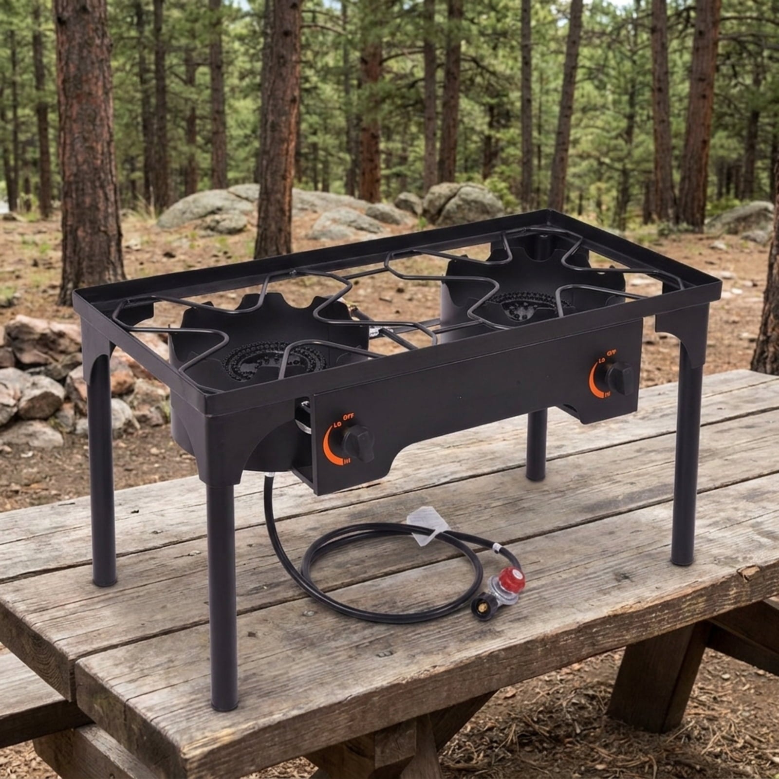 Biotree 150000 BTU Double Burner Outdoor Stove BBQ Grill for Outdoor Camping Backyard Patio Cooking, Black