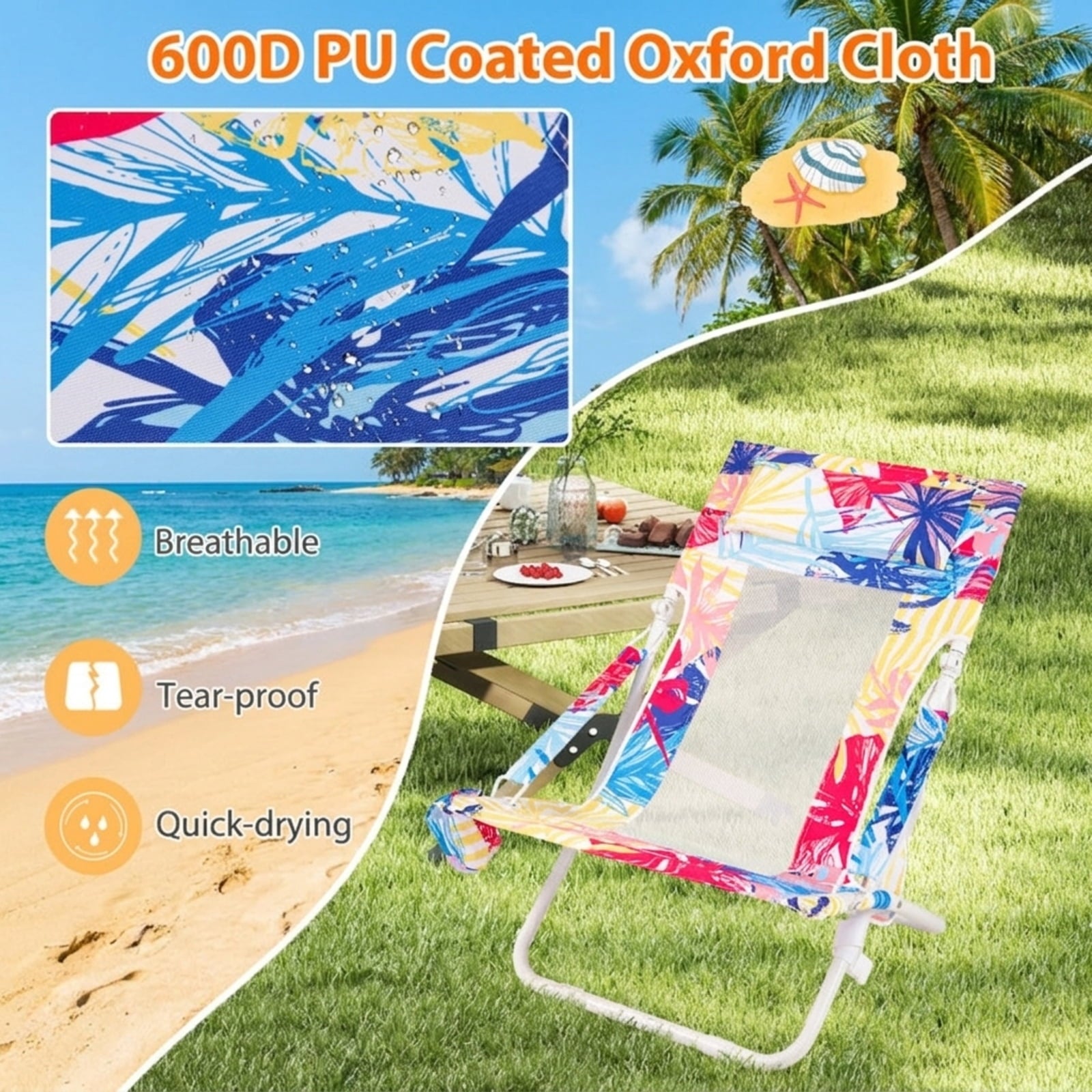 Biotree Folding Low Beach Chair Set of 2 Patio Sling Chairs with Padded Head Pillow Stackable Patio Chair for Garden BackyardPink