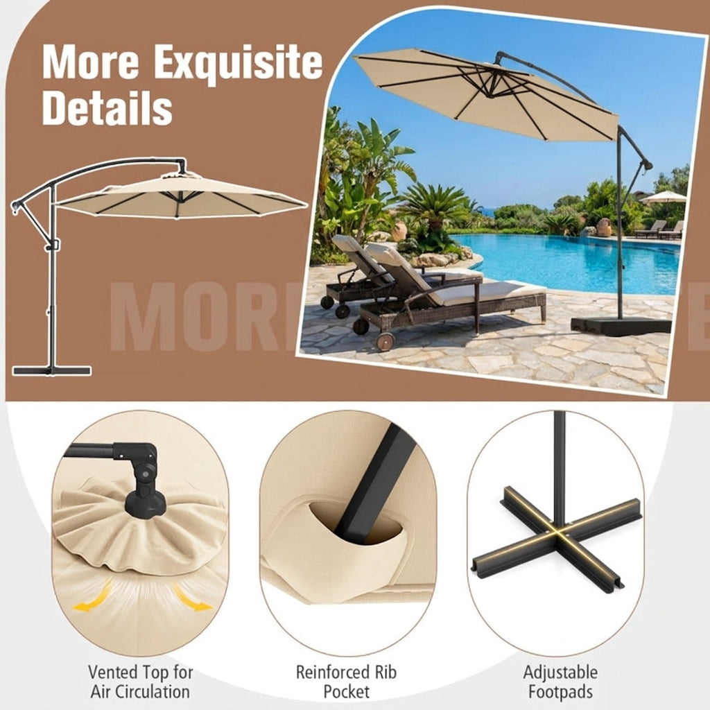 Biotree 10 ft Cantilever Patio Umbrella Offset Hanging with Cross Base, 8 Ribs - Beige for Backyard Garden Poolside