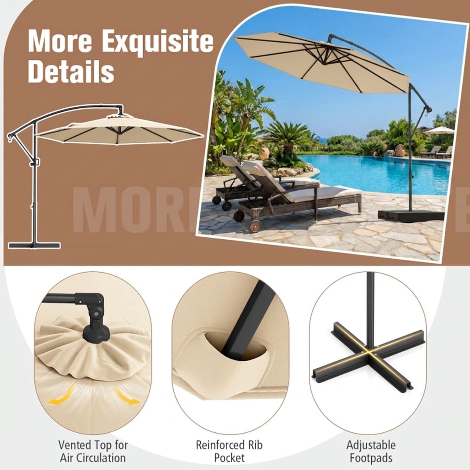 Biotree 10 ft Cantilever Patio Umbrella Offset Hanging with Cross Base, 8 Ribs - Beige for Backyard Garden Poolside