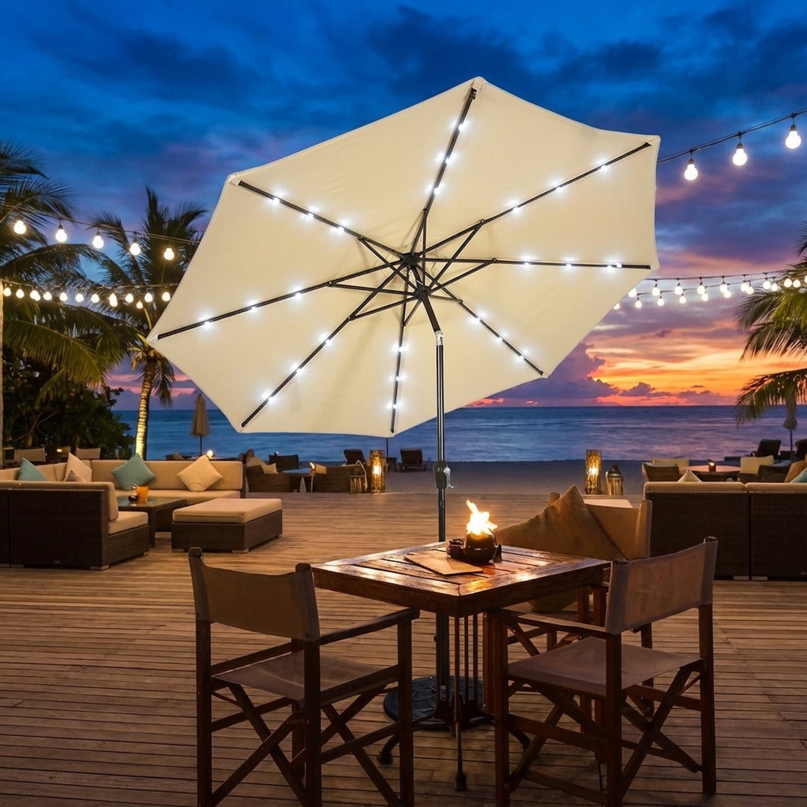Biotree 10 Solar LED Lighted Patio Market Umbrella Shade Tilt Adjustment Crank-Beige Outdoor Backyard