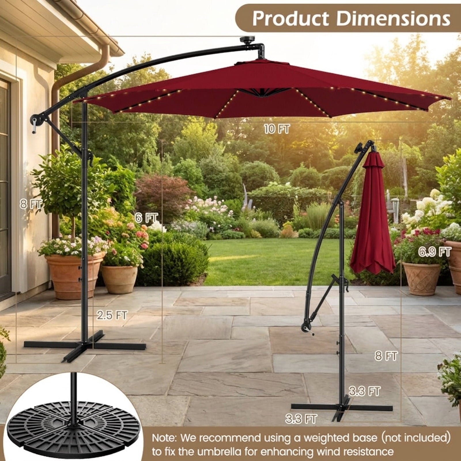 Biotree 10 ft Cantilever Offset Patio Umbrella Solar LED Lights Outdoor Shade - Red - UV Protection with Cross Base