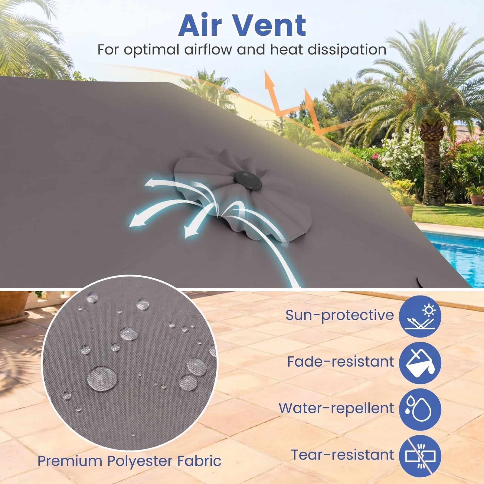Biotree 8.5 ft Market Patio Umbrella with Crank and Tilt, 8 Sturdy Ribs, Vented Canopy - Gray for Backyard