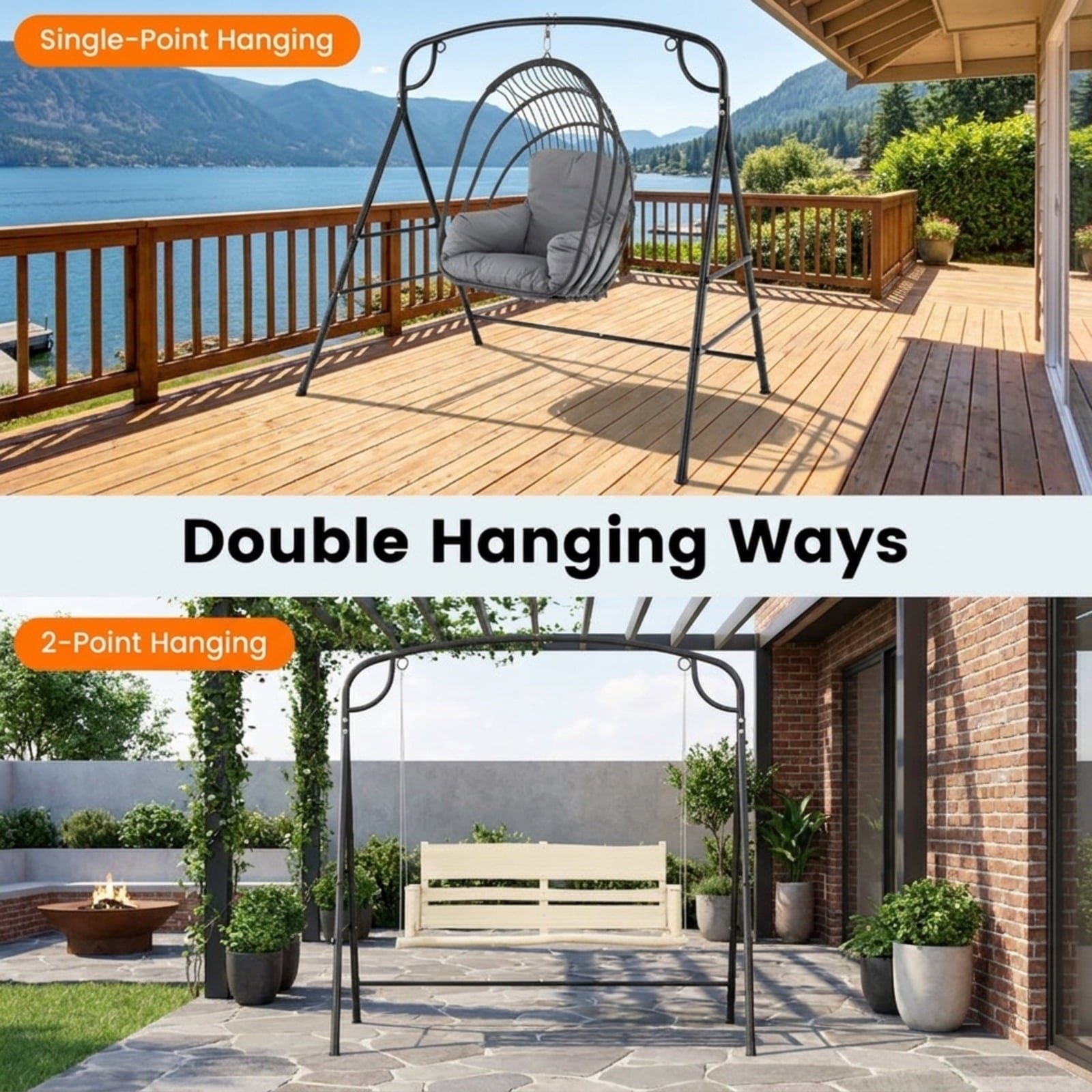 Biotree Outdoor Metal Swing Stand with 4 Support Bars and 2 Hanging Ways for Patio Porch Garden Backyard Outdoor, Black