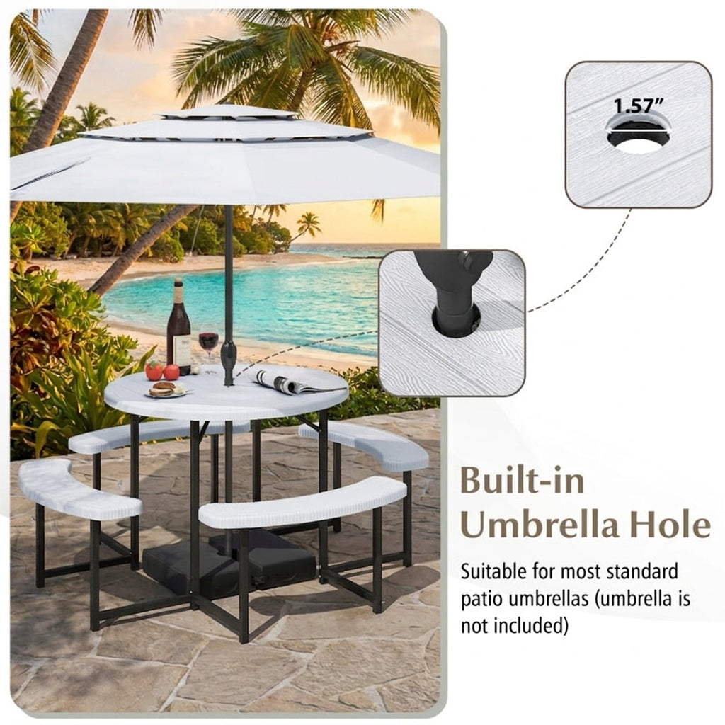 Biotree 62-Inch Round Picnic Table Bench Set with 4 Benches and Umbrella Hole for Patio Lawn, White