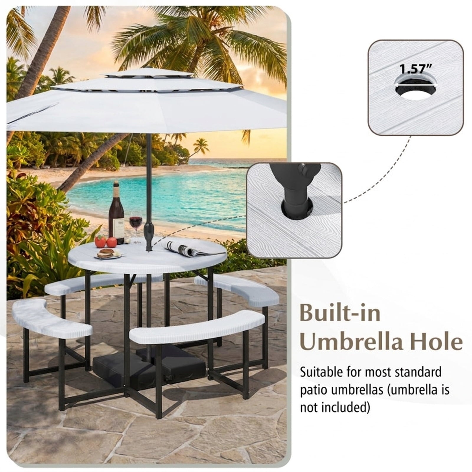 Biotree 62-Inch Round Picnic Table Bench Set with 4 Benches and Umbrella Hole for Patio Lawn, White