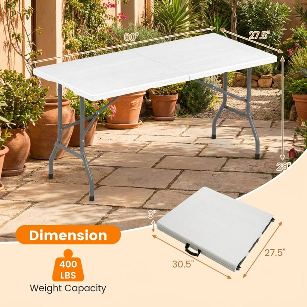 Biotree 5FT Folding Picnic Table with Wood Grain HDPE Tabletop and Non-slip Foot Pads-WH, White