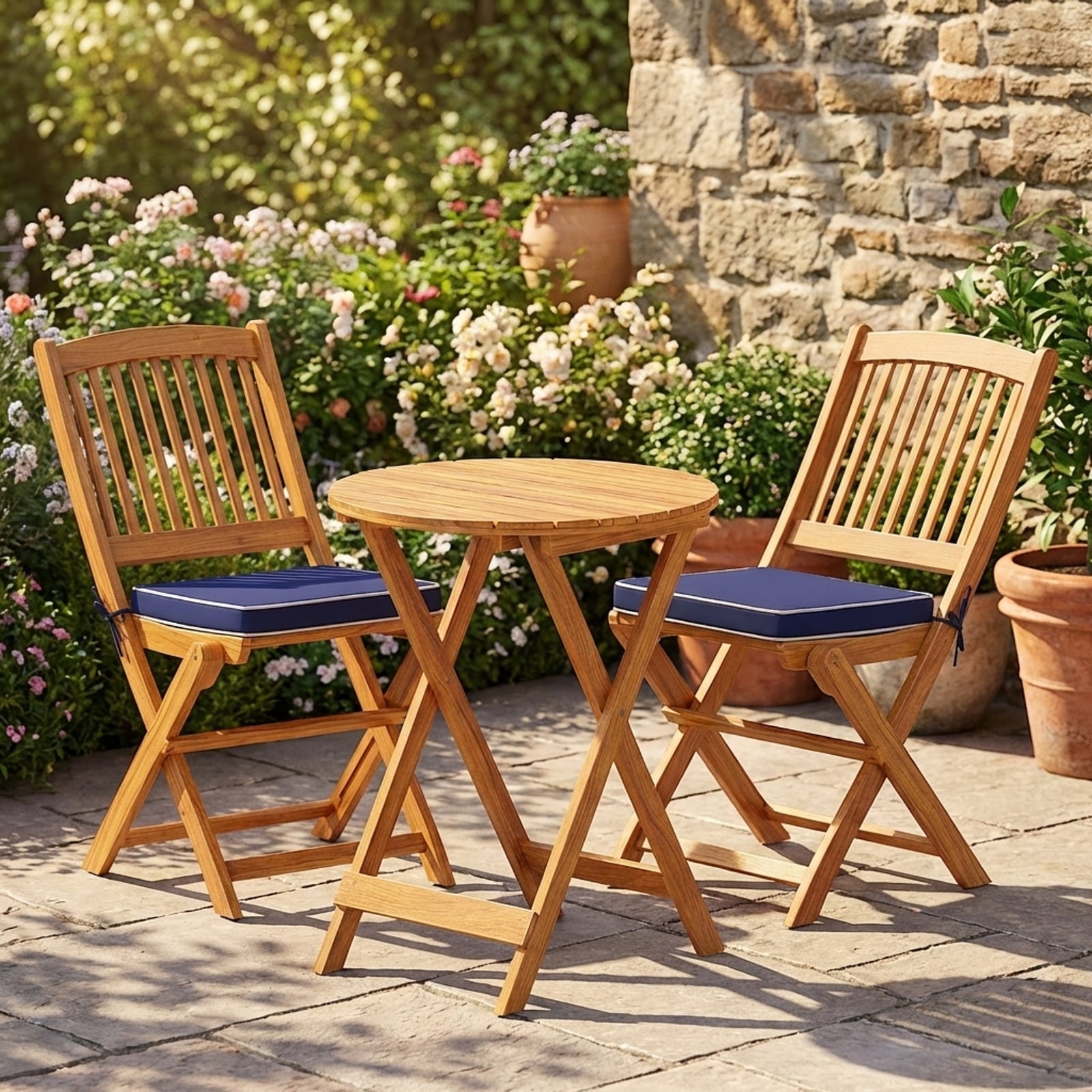 Biotree 3-Piece Acacia Wood Folding Bistro Set with Cushions-Navy