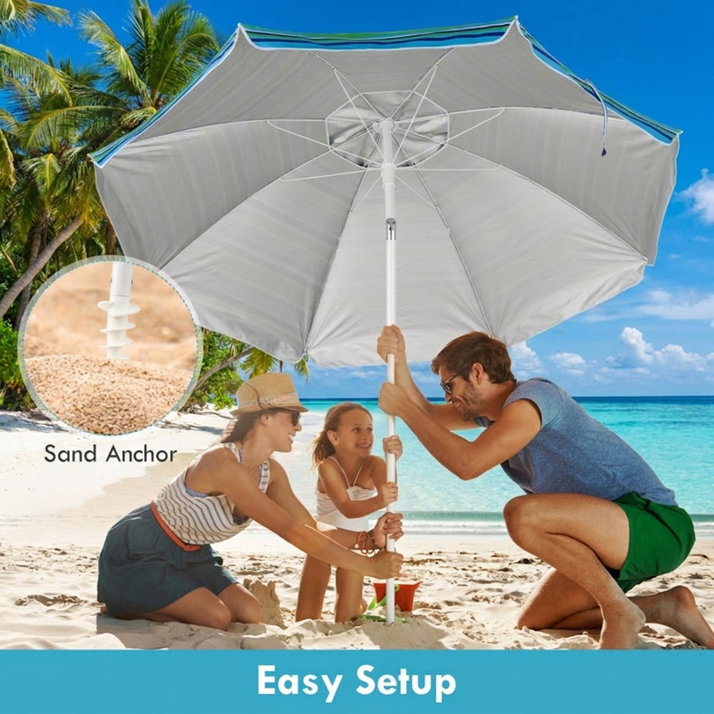 Biotree 7.2 ft Portable Beach Umbrella with Carrying Bag, 8 Ribs, Sand Tilt Mechanism - Green for Backyard