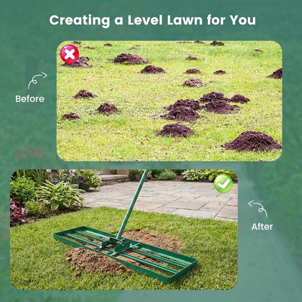Biotree 36 x 10 Inch Lawn Leveling Rake with Ergonomic Handle for Lawn Garden Yard Soil Care, Green