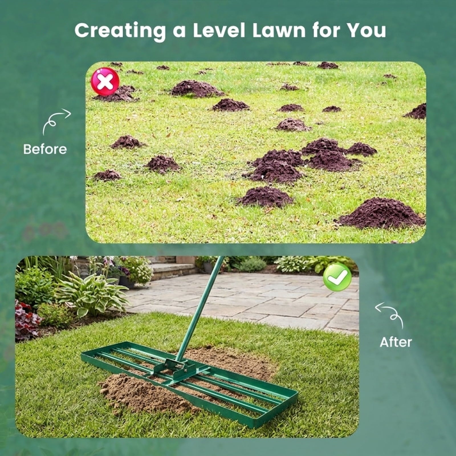 Biotree 36 x 10 Inch Lawn Leveling Rake with Ergonomic Handle for Lawn Garden Yard Soil Care, Green