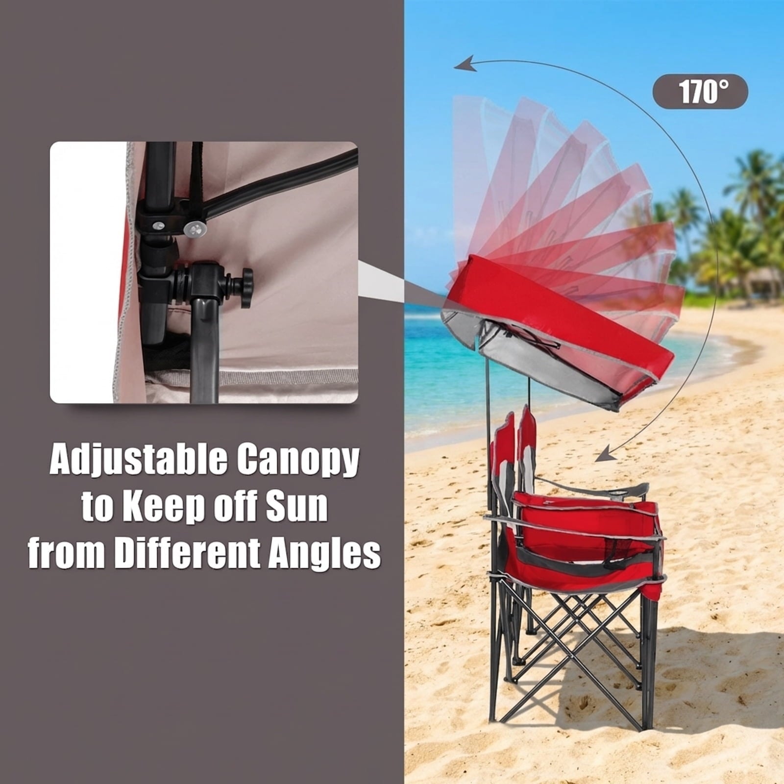 Biotree Folding Camping Chair with Sun Shade Canopy and Cup Holder 2-Person Portable Outdoor Double Chair for Beach Picnic, Red