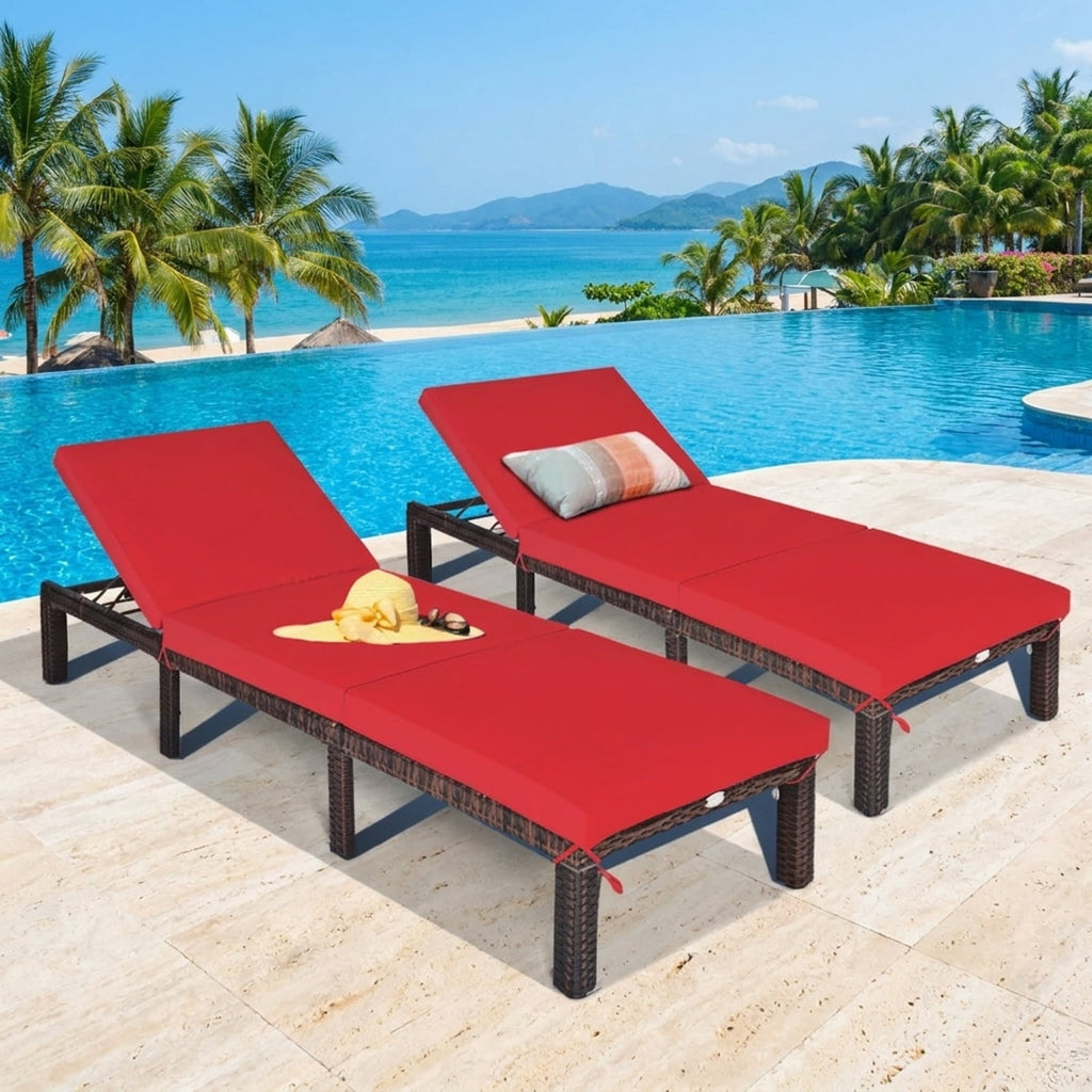 Biotree Outdoor Rattan Adjustable Cushioned Chaise Stackable Patio Chair for Garden BackyardRed