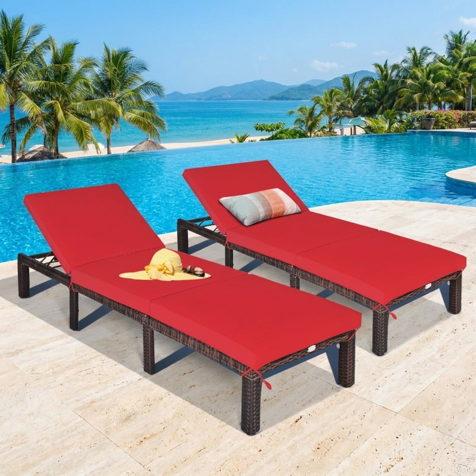Biotree Outdoor Rattan Adjustable Cushioned Chaise Stackable Patio Chair for Garden BackyardRed