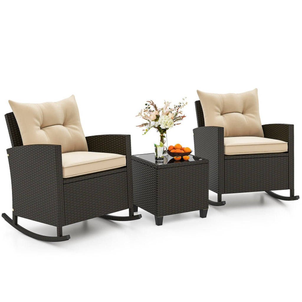Biotree 3-Piece Patio Rattan Roker Chairs with Tempered Glass Table and Soft Cushions Outdoor Conversation Set for Garden Backyard PorchBeige