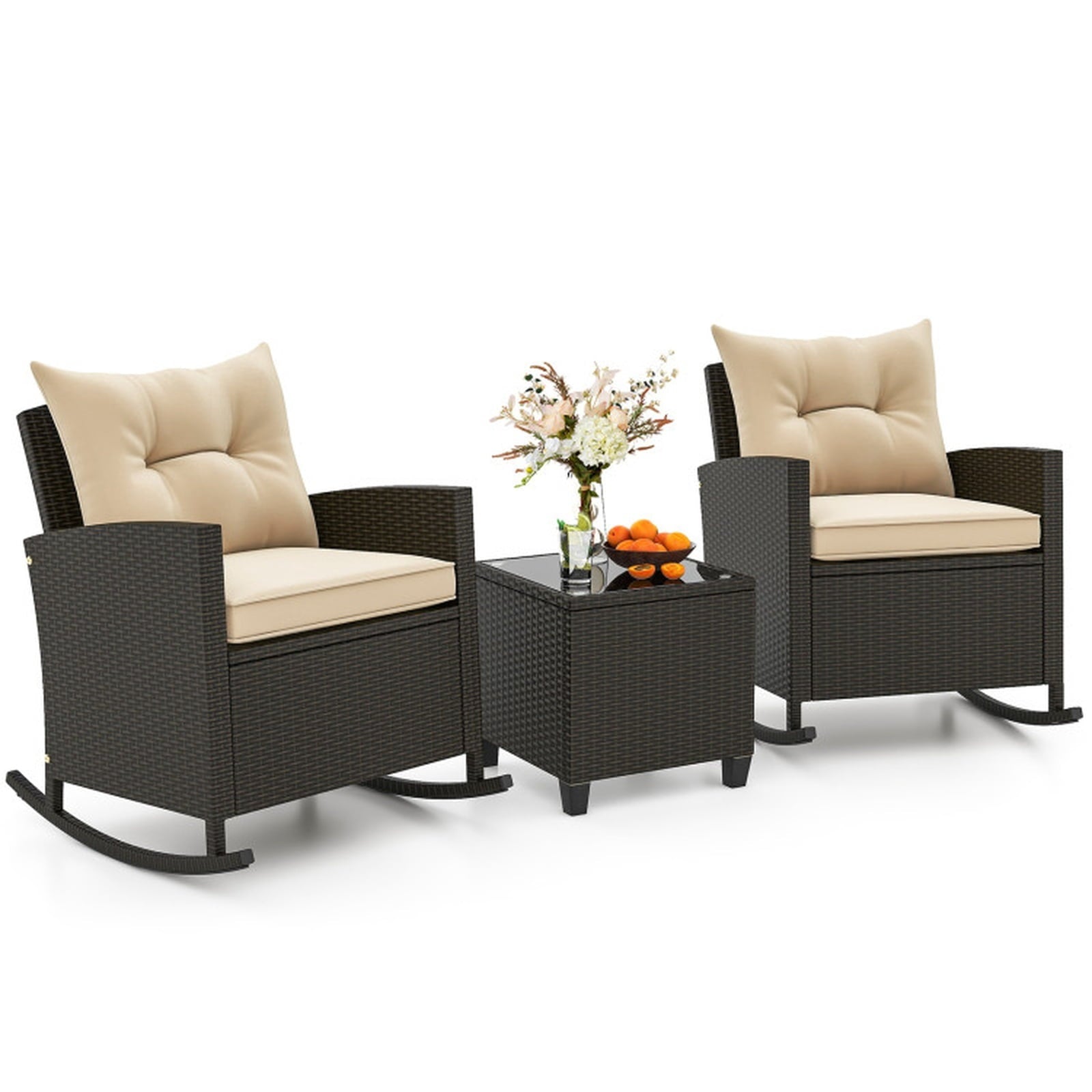 Biotree 3-Piece Patio Rattan Roker Chairs with Tempered Glass Table and Soft Cushions Outdoor Conversation Set for Garden Backyard PorchBeige