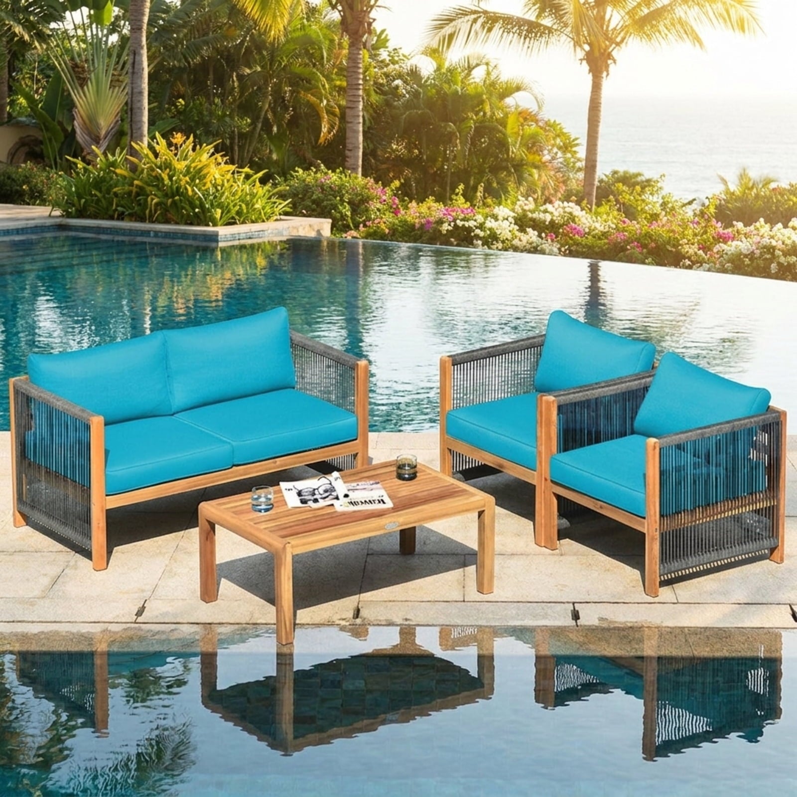 Biotree 4 Pieces Rattan Patio Furniture Set with Weather Resistant Cushions and Tempered Glass TabletopNavy