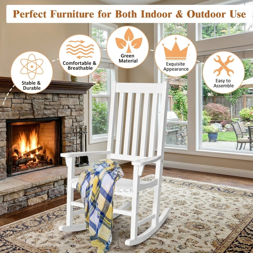 Biotree Indoor Outdoor Wooden High Back Rocking Chair Stackable Patio Chair for Garden BackyardWhite