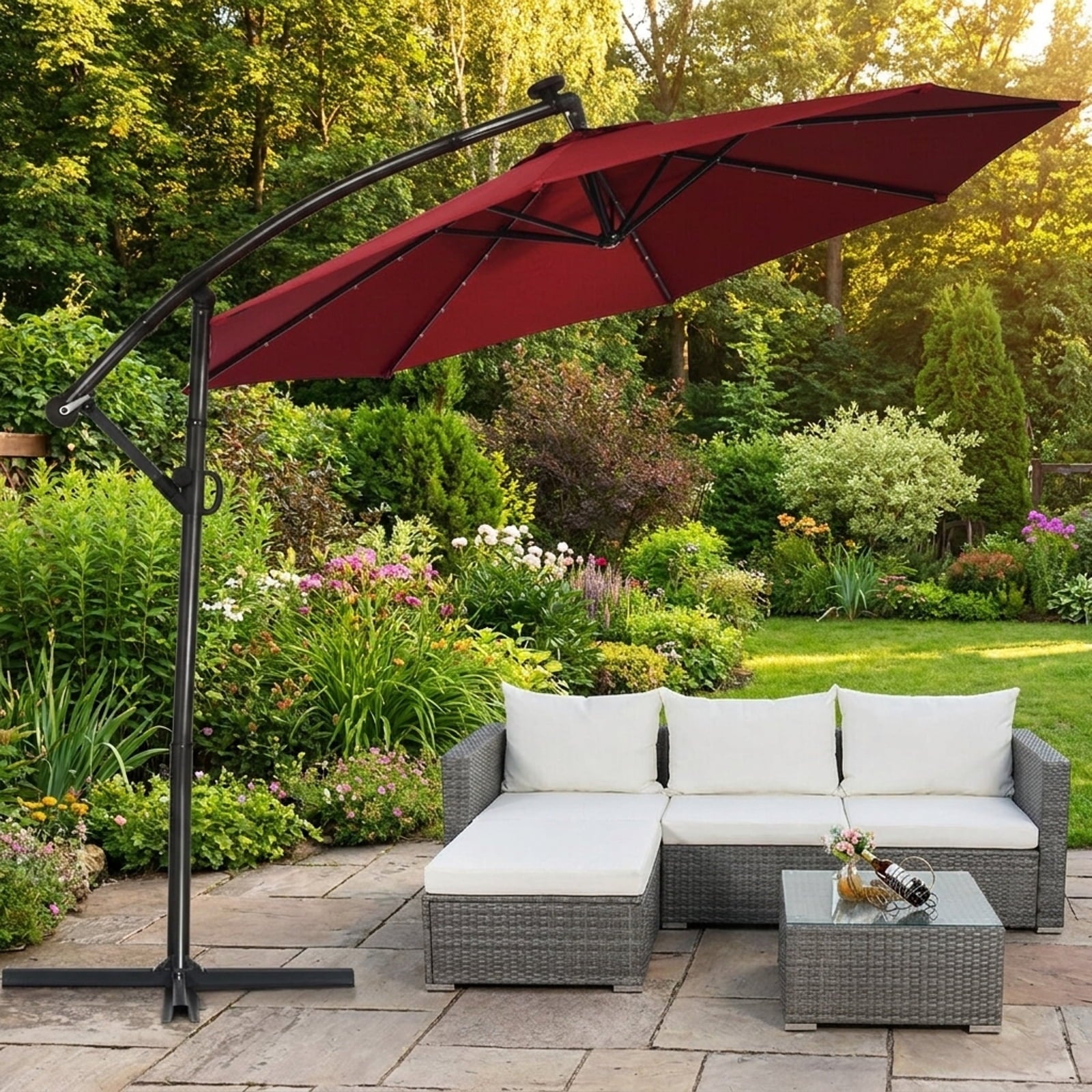 Biotree 10 ft Solar Offset Hanging Umbrella with 40 LED Lights Cross Base Included 180G Polyester Canopy for Patio Outdoor - Beige