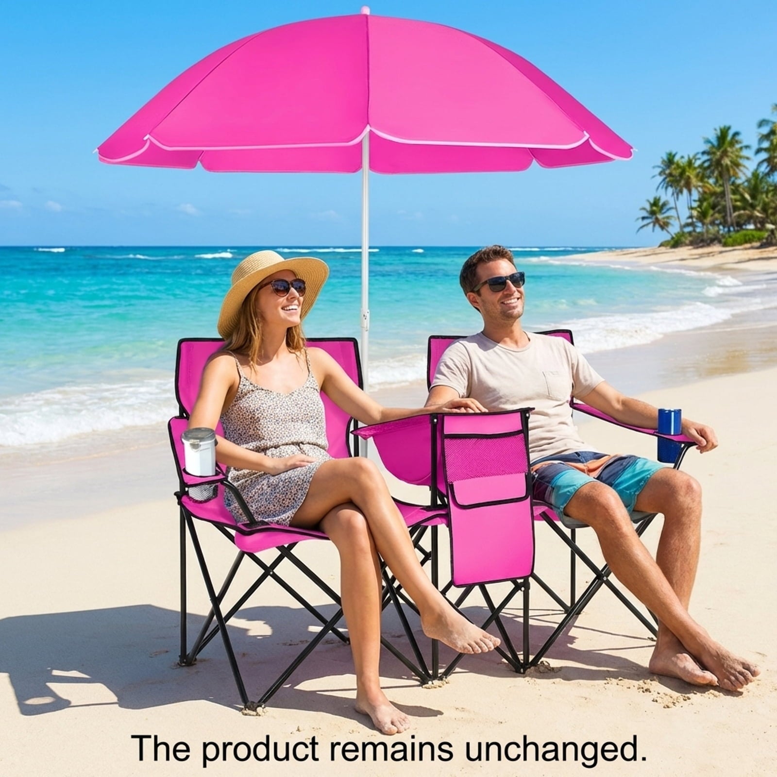 Biotree Double Camping Chair with Removable Umbrella Portable Folding Loveseat with Cooler Bag and Cup Holders for Beach Picnic, Pink