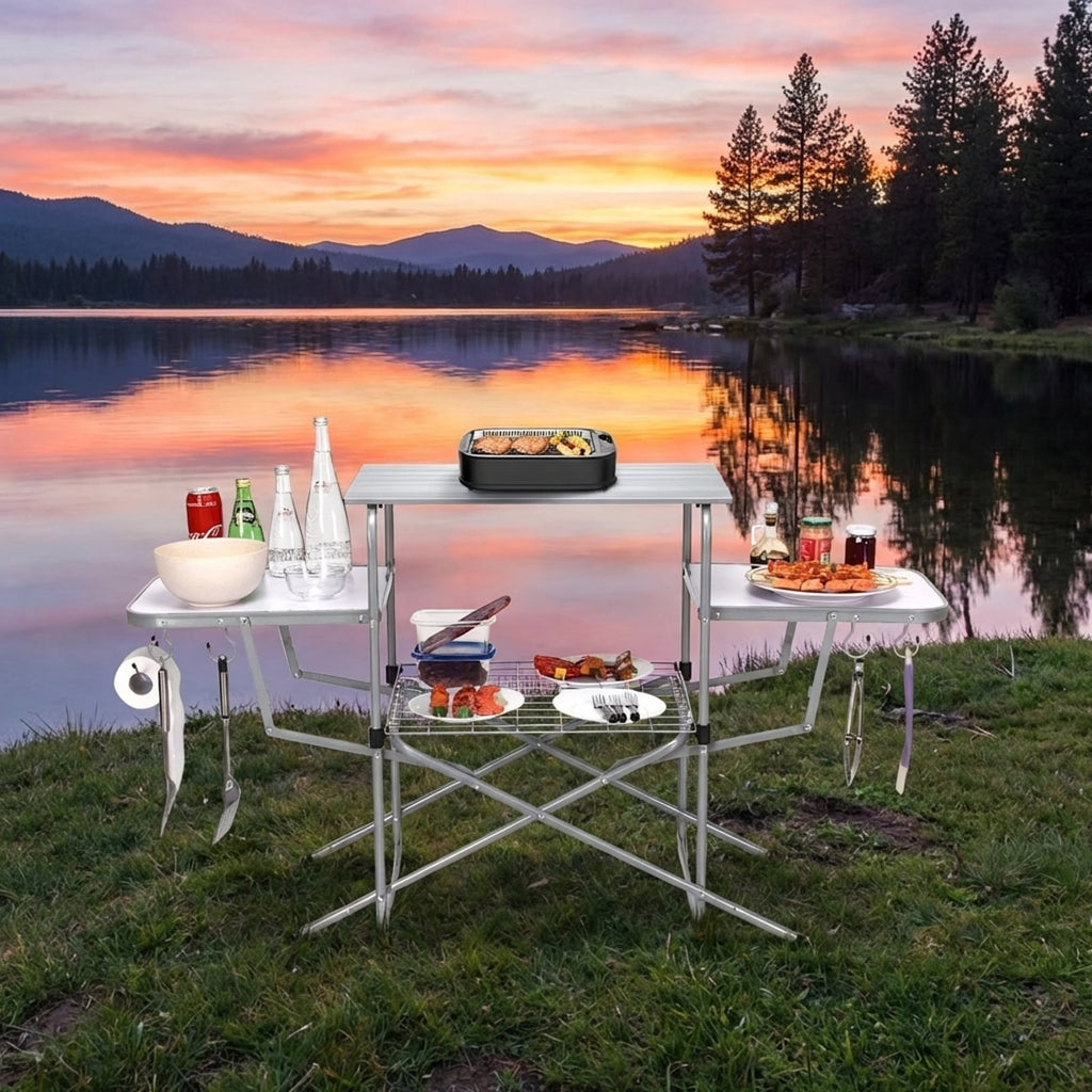 Biotree Foldable Outdoor BBQ Table Grilling Stand Portable Camping Grill Table with Storage Shelf for Outdoor Cooking, Black