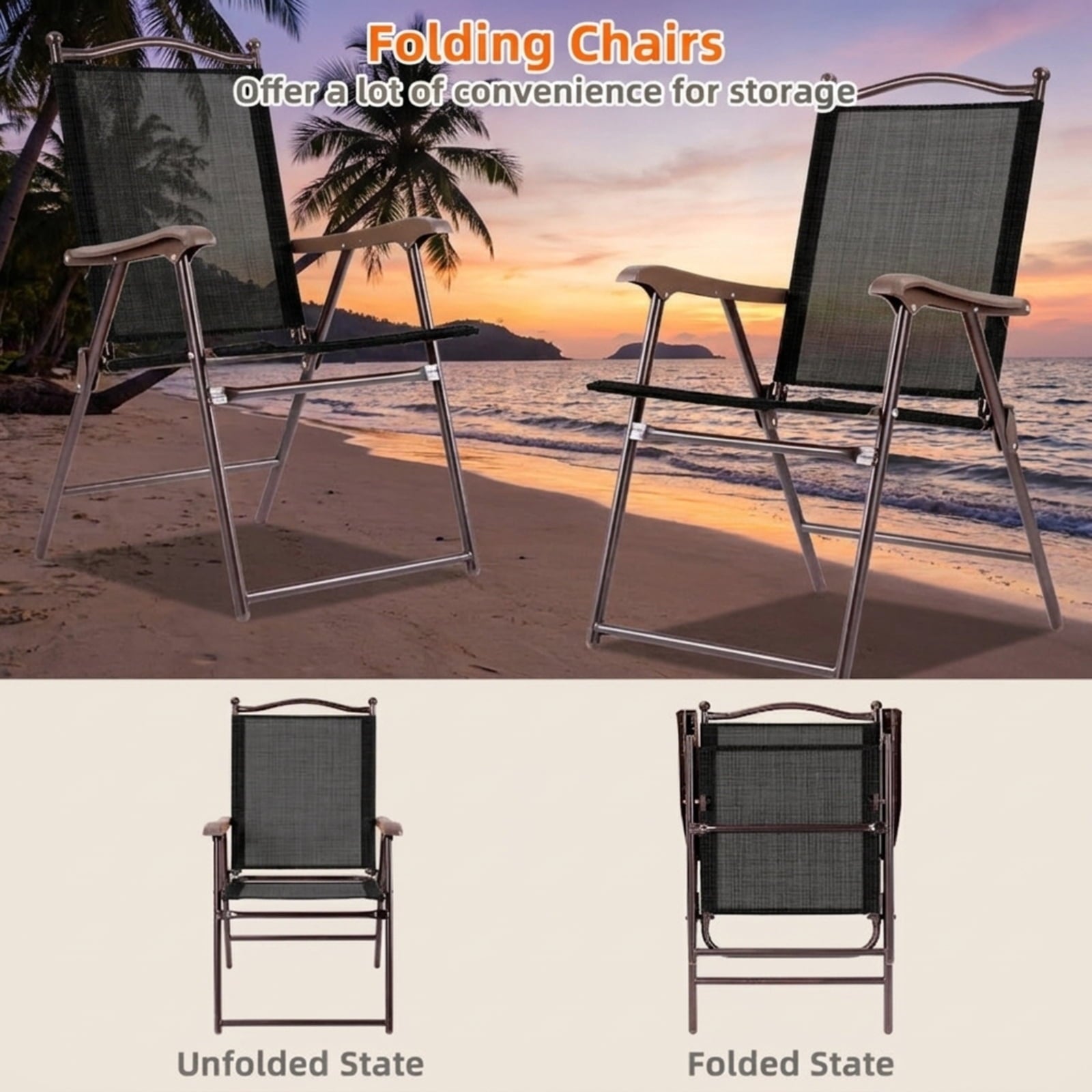 Biotree Set of 2 Patio Folding Sling Back Camping Deck Chairs Stackable Patio Chair for Garden BackyardBrown
