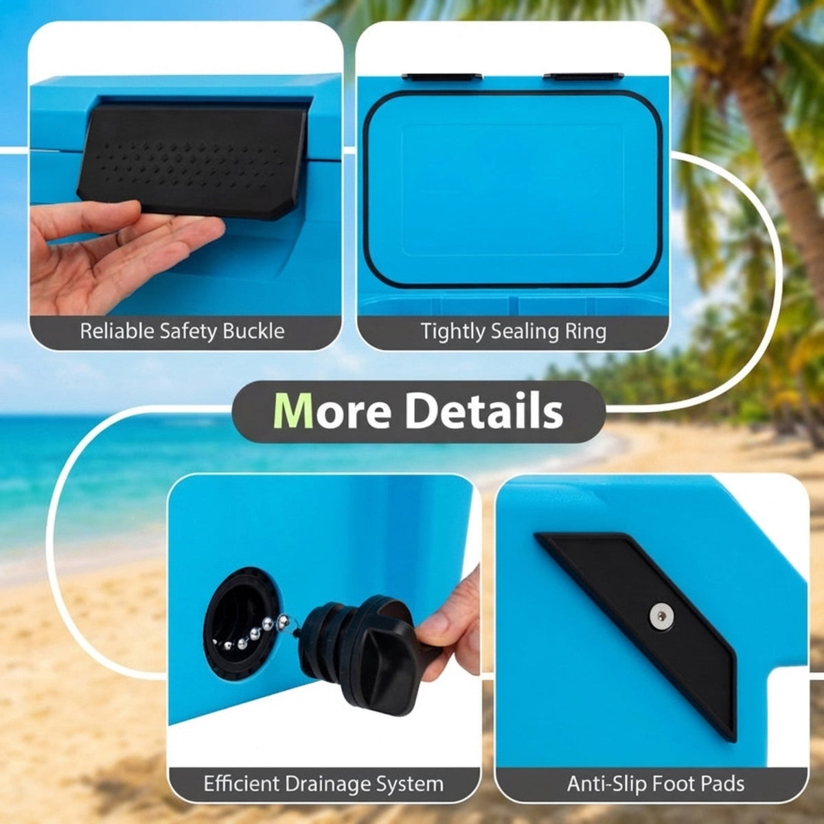 Biotree Insulated Portable Cooler Hard Shell Ice Chest with 2 Cup Holders Bottle Opener and Drain Plug, 37 Qt, Blue