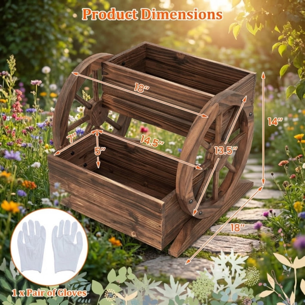 Biotree 2-Tier Raised Garden Bed Rustic Wood Wagon Shape with Drainage Holes and Wheels-Coffee Brown