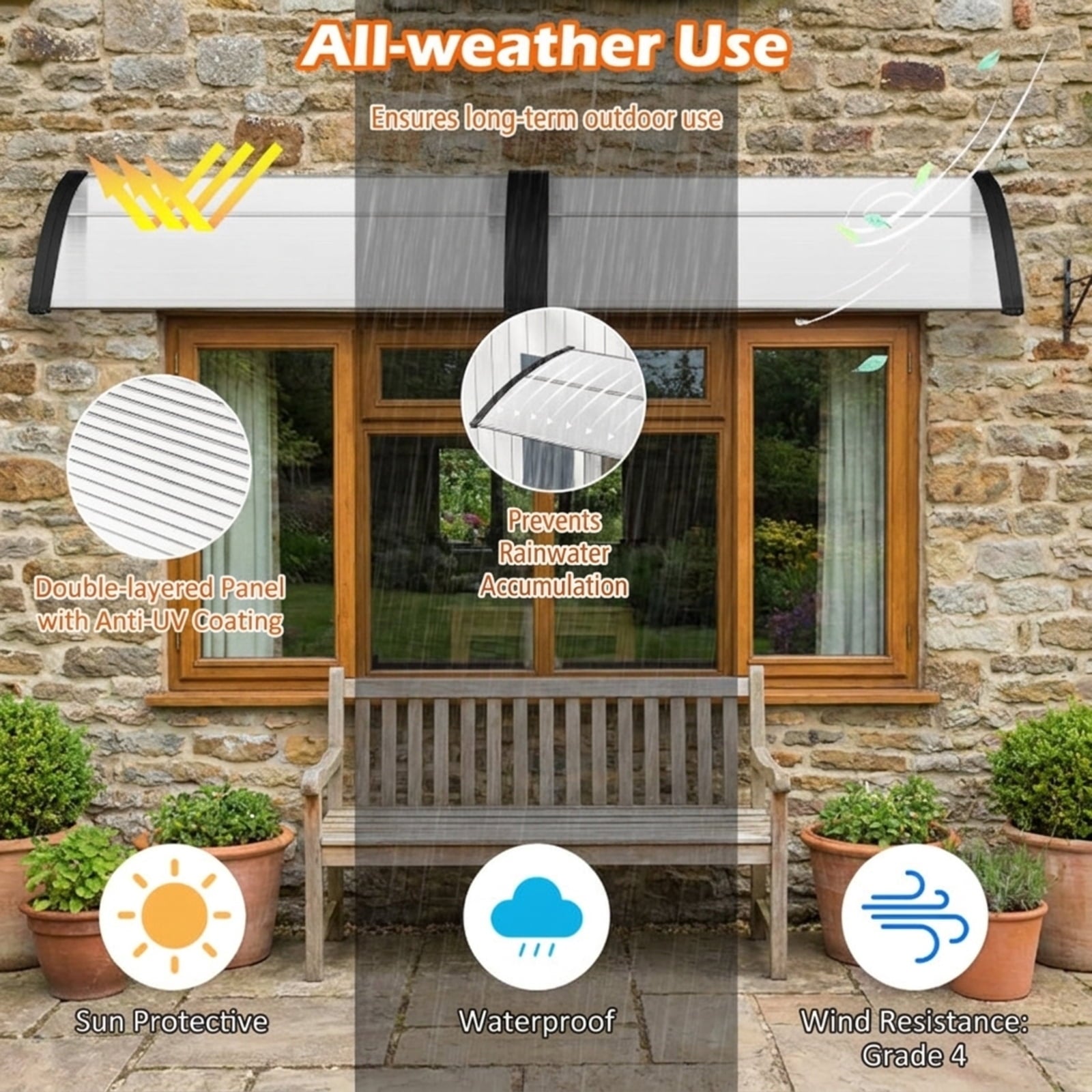 Biotree 48 x 40 Inch Outdoor Front Door Window Awning Door Canopy Exterior for Patio Deck Door Window Sun Rain Protection, Black