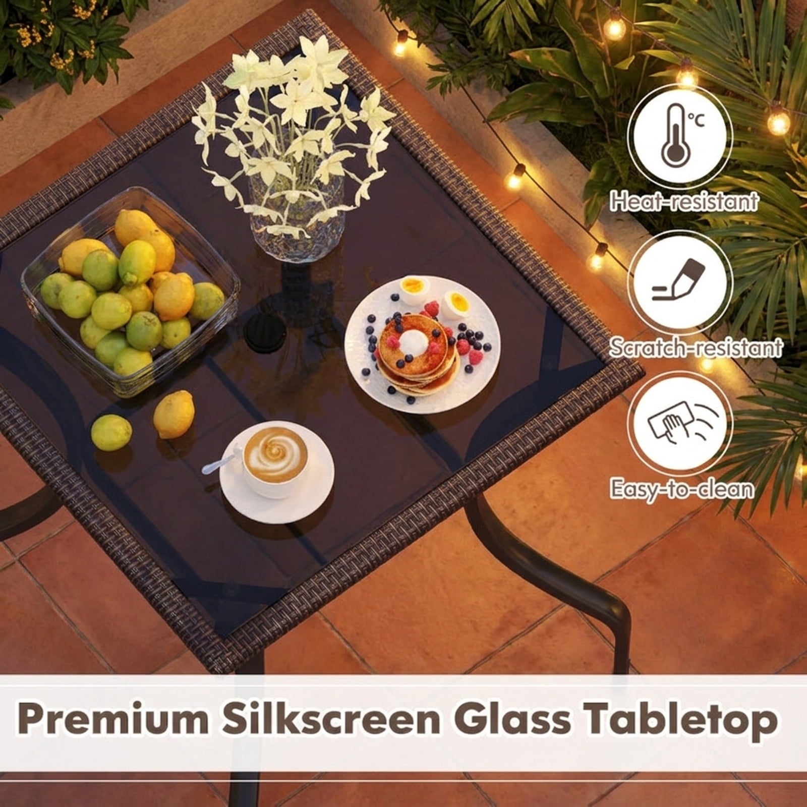 Biotree Outdoor Patio Square Bar Table with Glass Top and PE Rattan Edging, Brown - Outdoor Bar Height Dining Table for Patio Deck