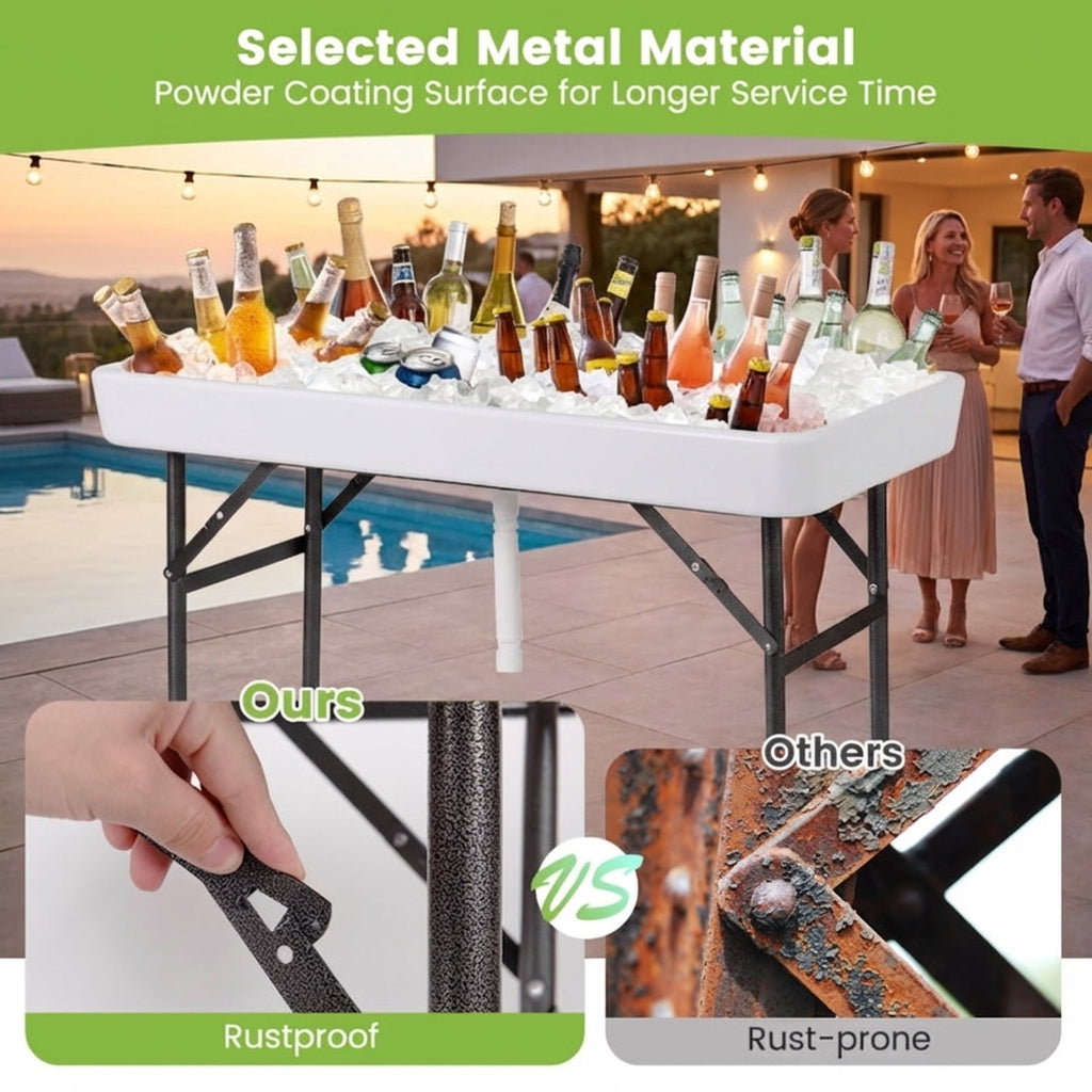 Biotree 4 Feet Folding Ice Cooler Table with Matching Skirt Portable Party Table with Built-In Ice Bin for Events, White