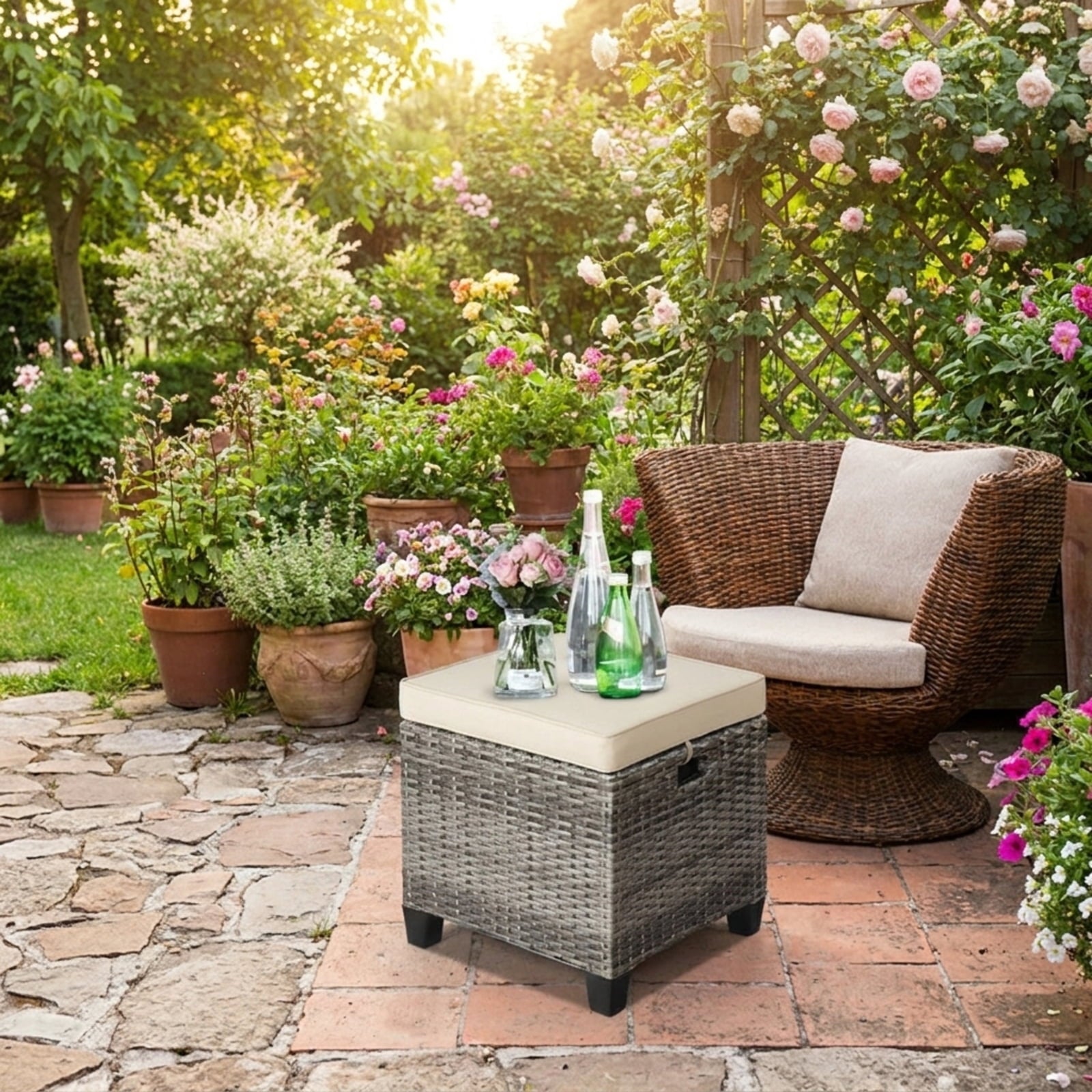Biotree 2 Pieces Patio Rattan Ottoman Seat with Removable Cushions Stackable Patio Chair for Garden BackyardBeige