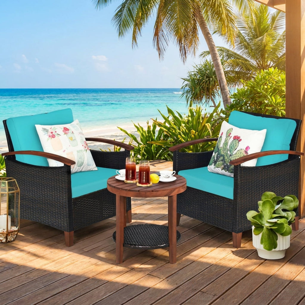 Biotree 3 Pieces Patio Rattan Furniture Set with Washable Cushion and Acacia Wood TabletopTurquoise