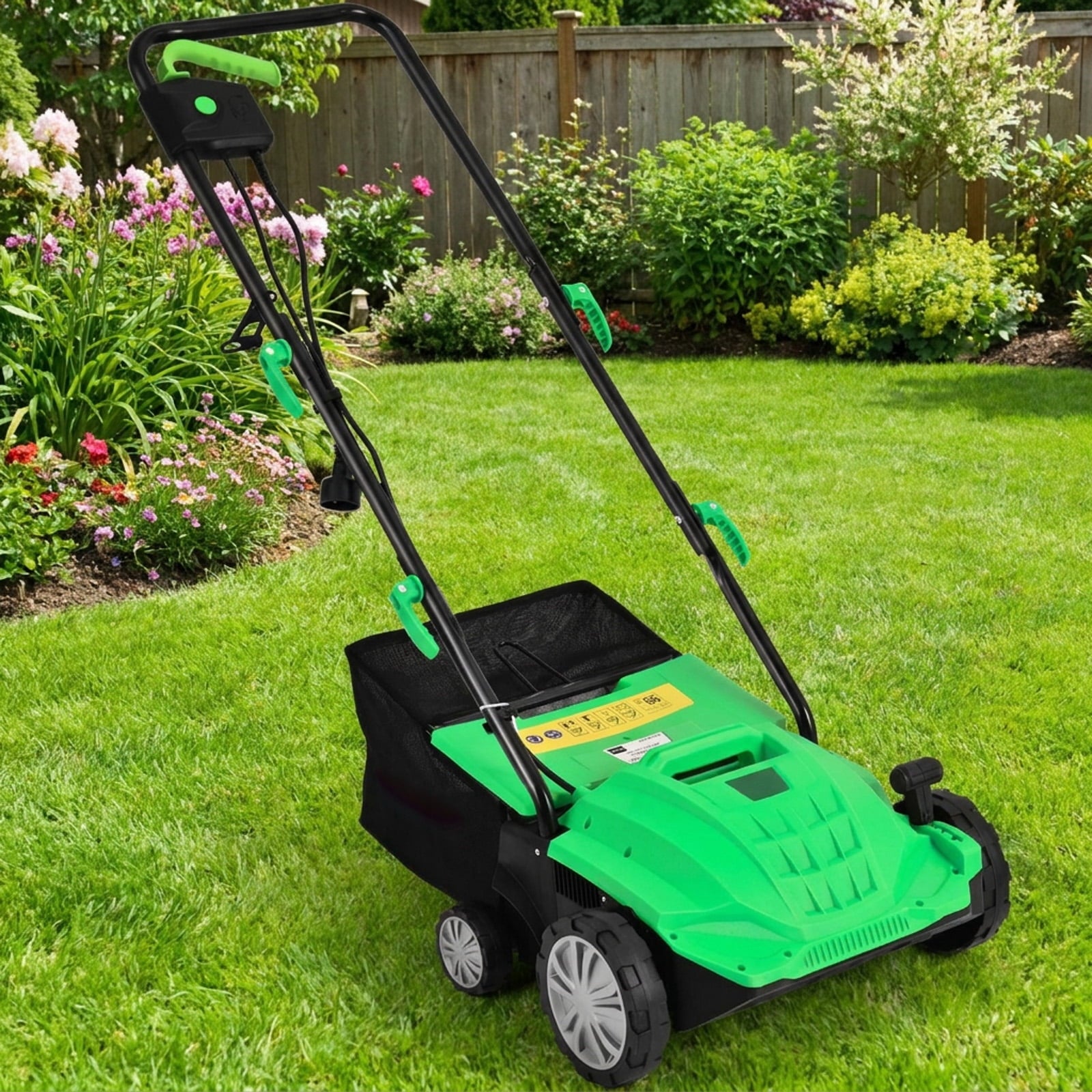 Biotree 13 Inch 12 Amp Electric Scarifier with Collection Bag and Removable Blades for Lawn Garden Yard Soil Care, Green