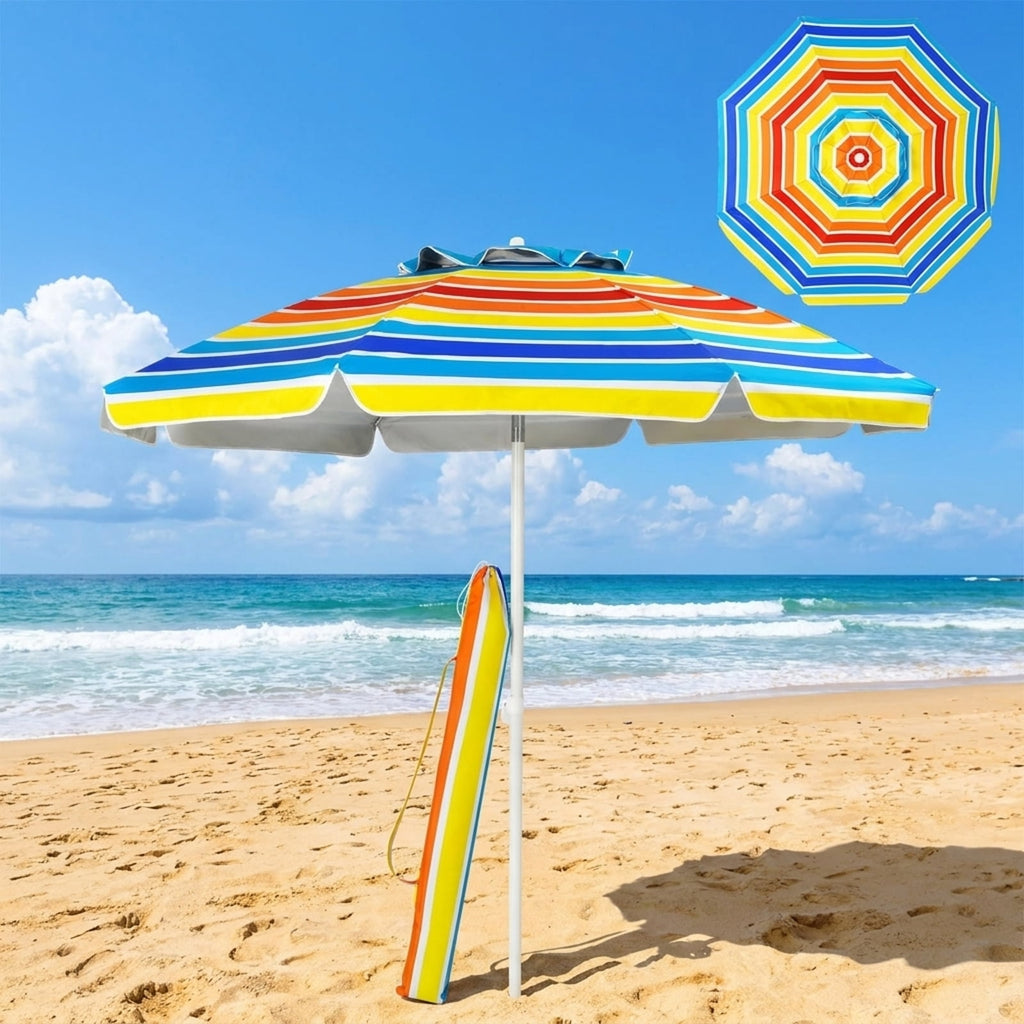 Biotree 7.2 ft Portable Beach Umbrella with Carrying Bag, 8 Ribs, Sand Tilt Mechanism - Multicolor for Backyard