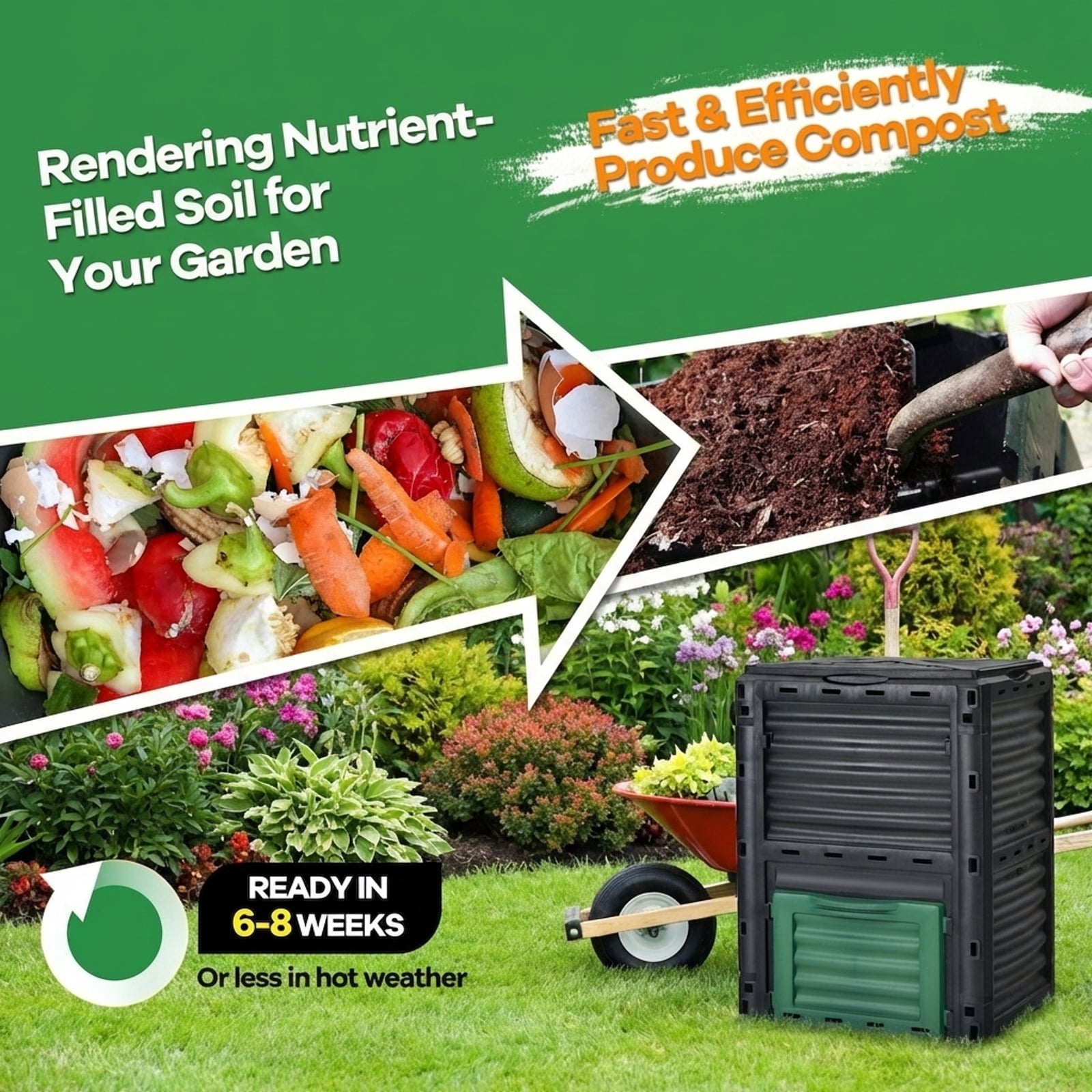 Biotree 80-Gallon Outdoor Composter with Large Openable Lid and Bottom Exit Door-Green Garden Organic