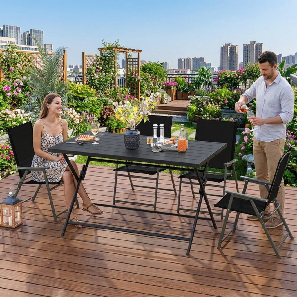 Biotree Foldable Outdoor Dining Table 48inch x 30inch Rectangular Metal Patio Table with Slatted Tabletop, Dark Brown
