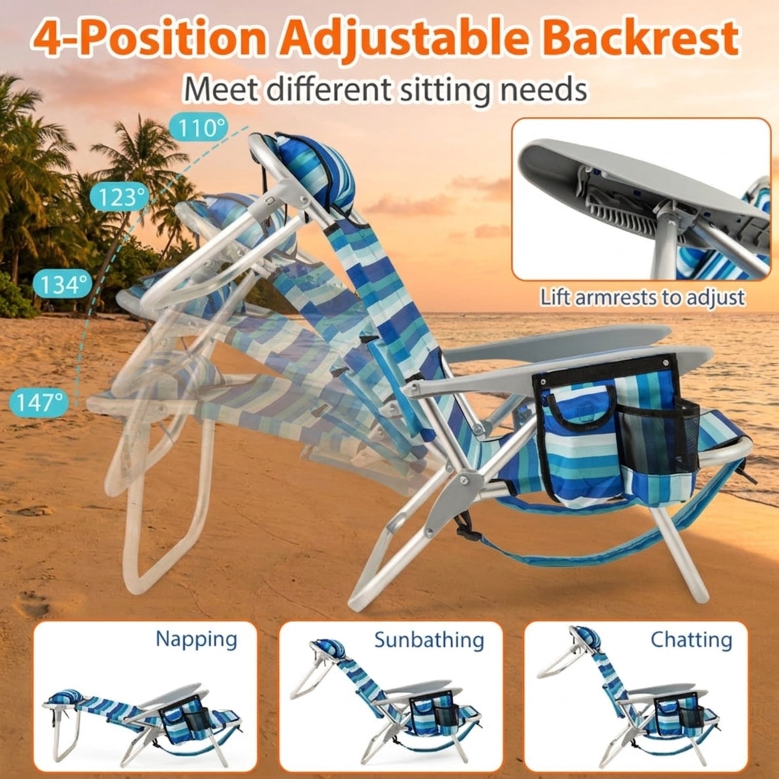 Biotree Set of 2 Folding Beach Chair for Adults with 4-Position Adjustable Backrest Stackable Patio Chair for Garden BackyardBlue